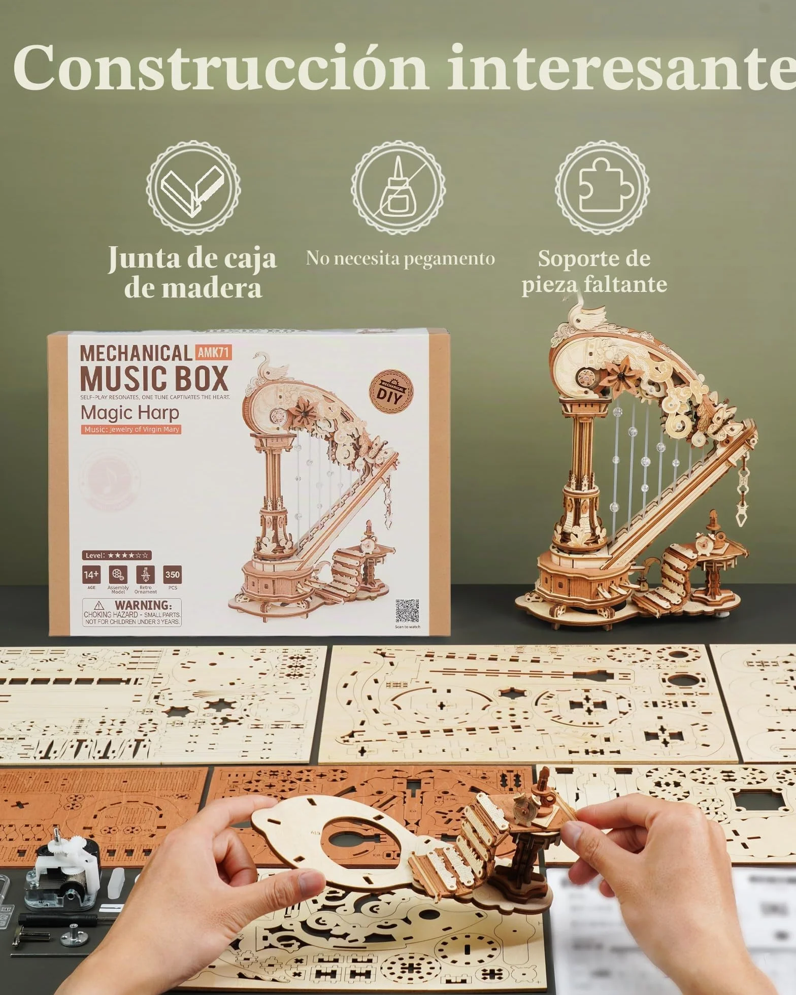 ROBOTIME Puzzle 3D de Madera Arpa con Caja de Música, Kit DIY Mecánico con Engranajes en Movimiento, Maqueta para Adultos, Regalo Creativo y Decoración Hogar