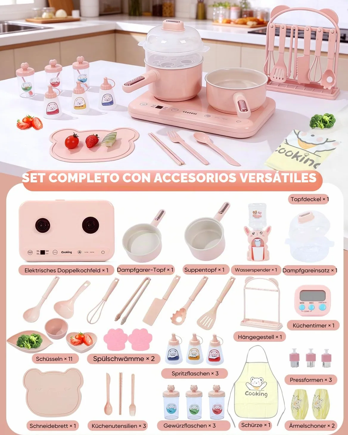 BICRET Juego de Cocina Eléctrica para Niños con Doble Fuego, Accesorios Completos, Incluye Utensilios de Cocina y Cuchillo de Chef Seguro, para Niños de 8 a 12 Años (Rosa)
