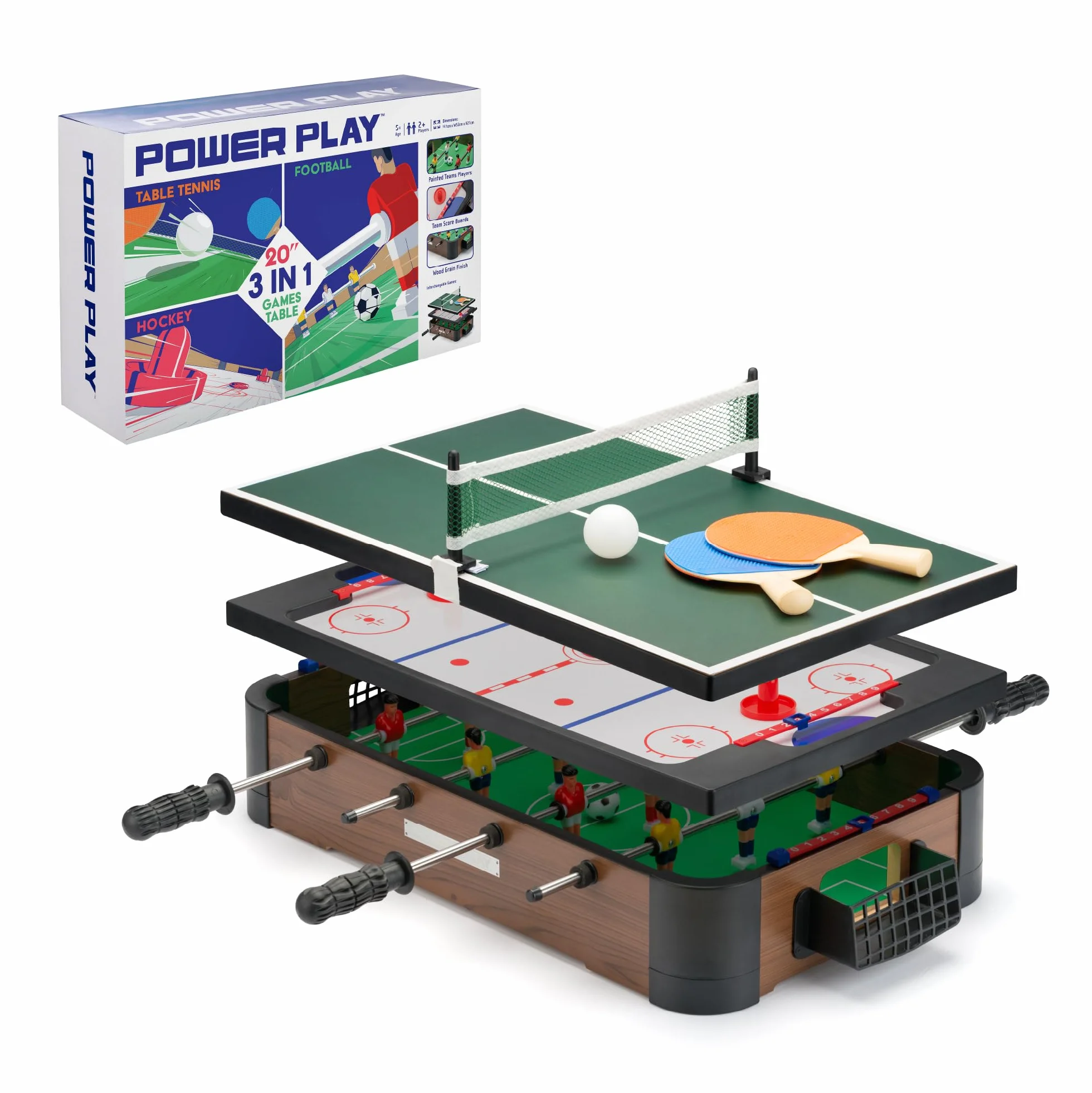 Toyrific Powerplay - Juego de Mesa 3 en 1, Juego de Mesa multijuego, Mini fútbol, Hockey y Tenis de Mesa, mesas de Billar Deportivas, Talla única