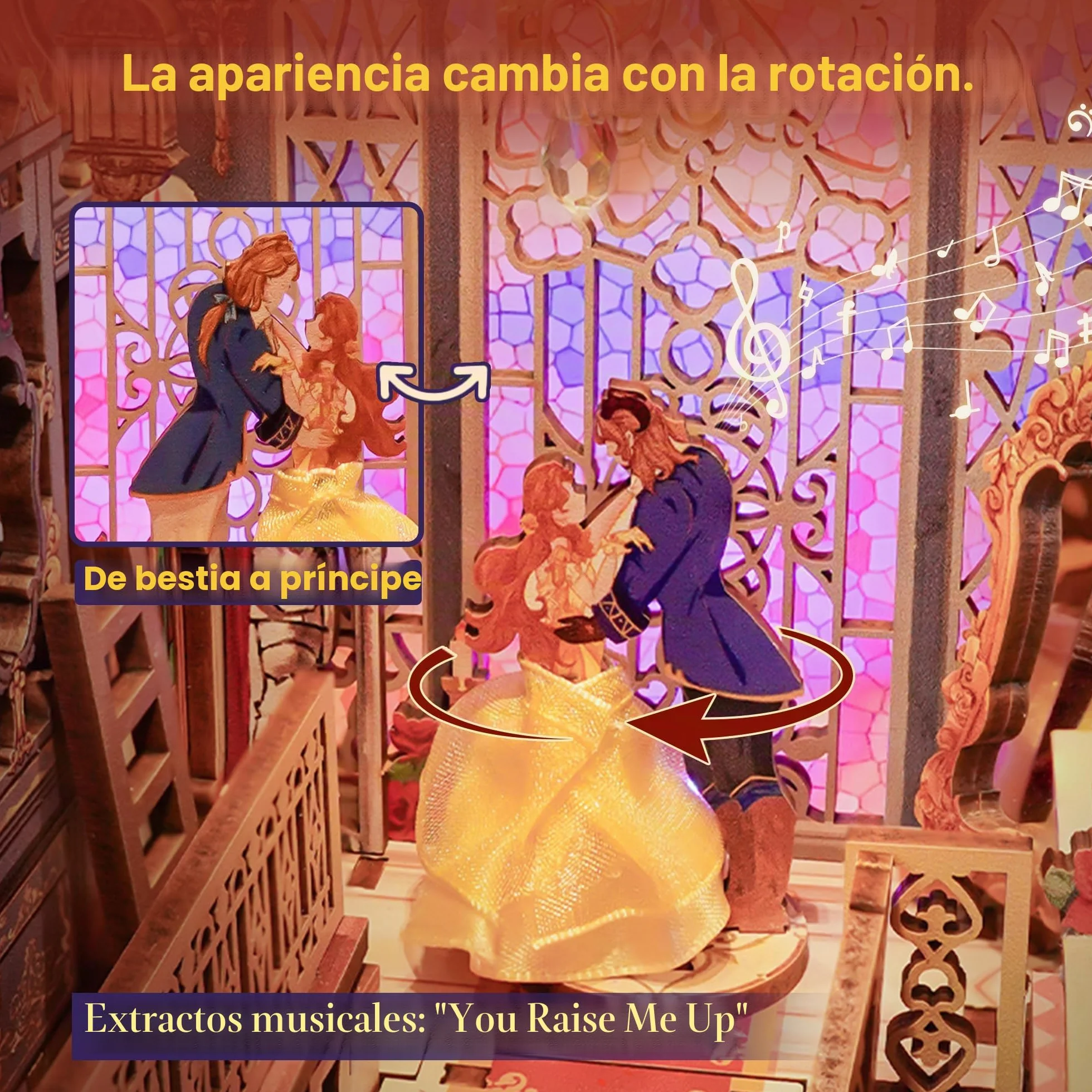 Tonecheer Kit de rincón de Libros para Adultos, Rompecabezas de Madera 3D para sujetalibros, Casa en Miniatura con Luces LED (Bestia y Belleza)