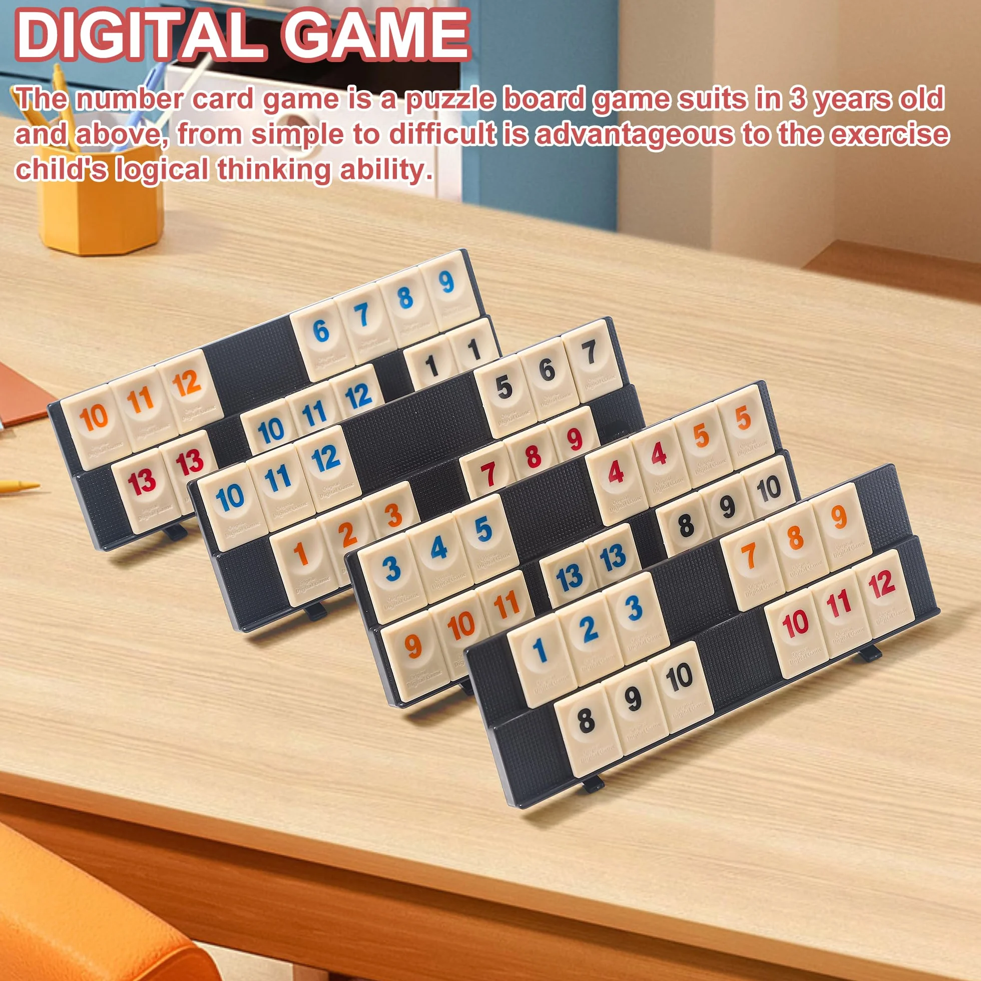 AIUAZA Juego de Rummy Cube con bolsa portátil, mini juego de Rummy Cube para adultos y niños, 106 fichas, soporte de juego, set de viaje con 4 portafichas para juegos de mesa clásicos familiares