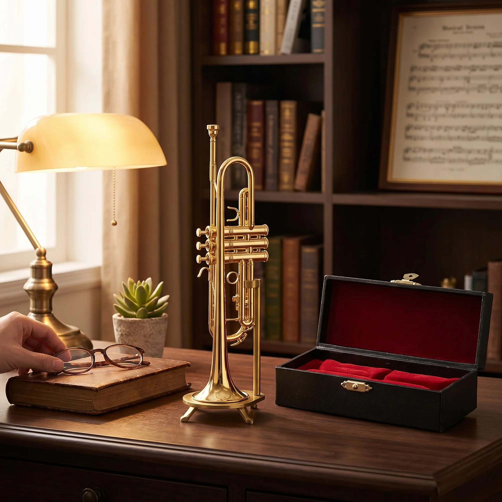 Trompeta Miniatura Réplica Mini Trompeta Caja Regalo Instrumento Musical Mini Modelo Instrumento Chapado Oro Adornos Musicales