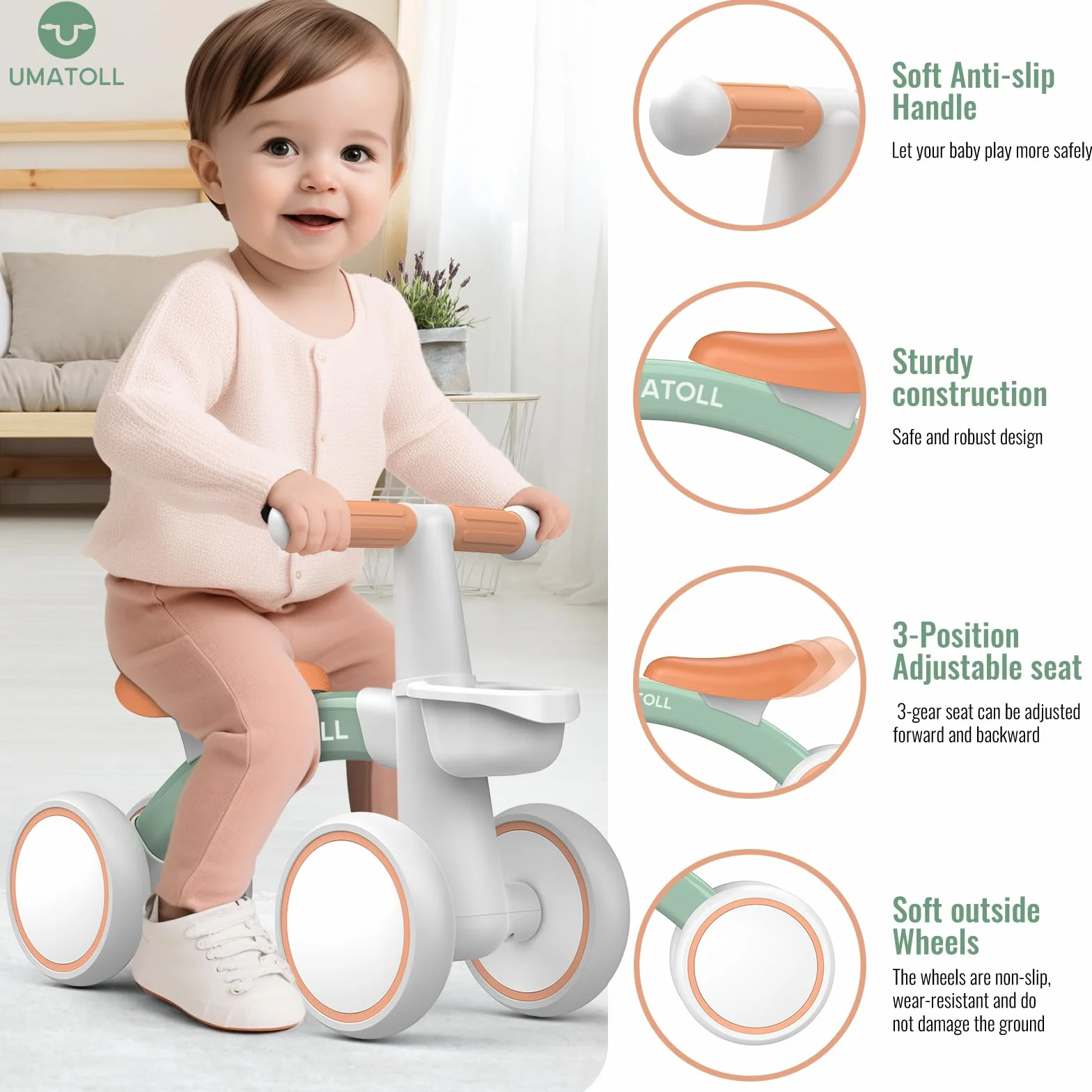 Umatoll Bicicleta sin Pedales para Niños 1 Año Equilibrio, Bici Bebe con Canasta, Verde
