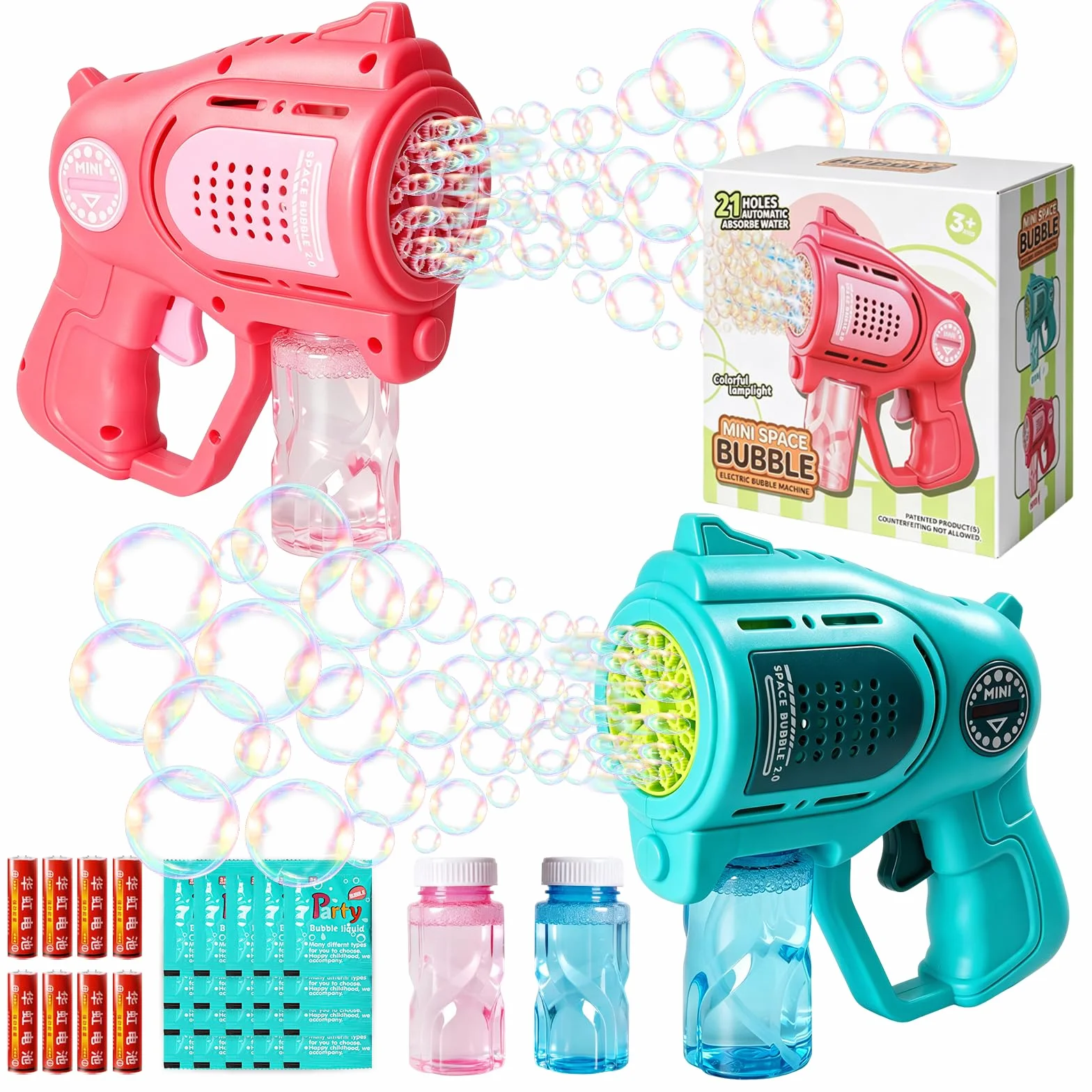 2 Piezas Pistolas de Burbujas para Niños, pompas de jabon niños con 2 x 100ml Solución de Recarga de Burbujas e Lámpara LED, Juguete de Verano para Actividades al Aire Libre, Fiestas y Bodas