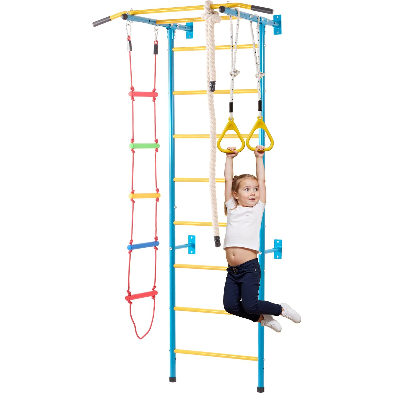 VEVOR 5 en 1 Juego de Escalada para Niños con Escalera Sueca de Acero al Carbono, Escalera de Pared, Barra de Dominadas, Escalera de Cuerda y Anillos de Gimnasia, Carga de 99,8 kg, Multicolor