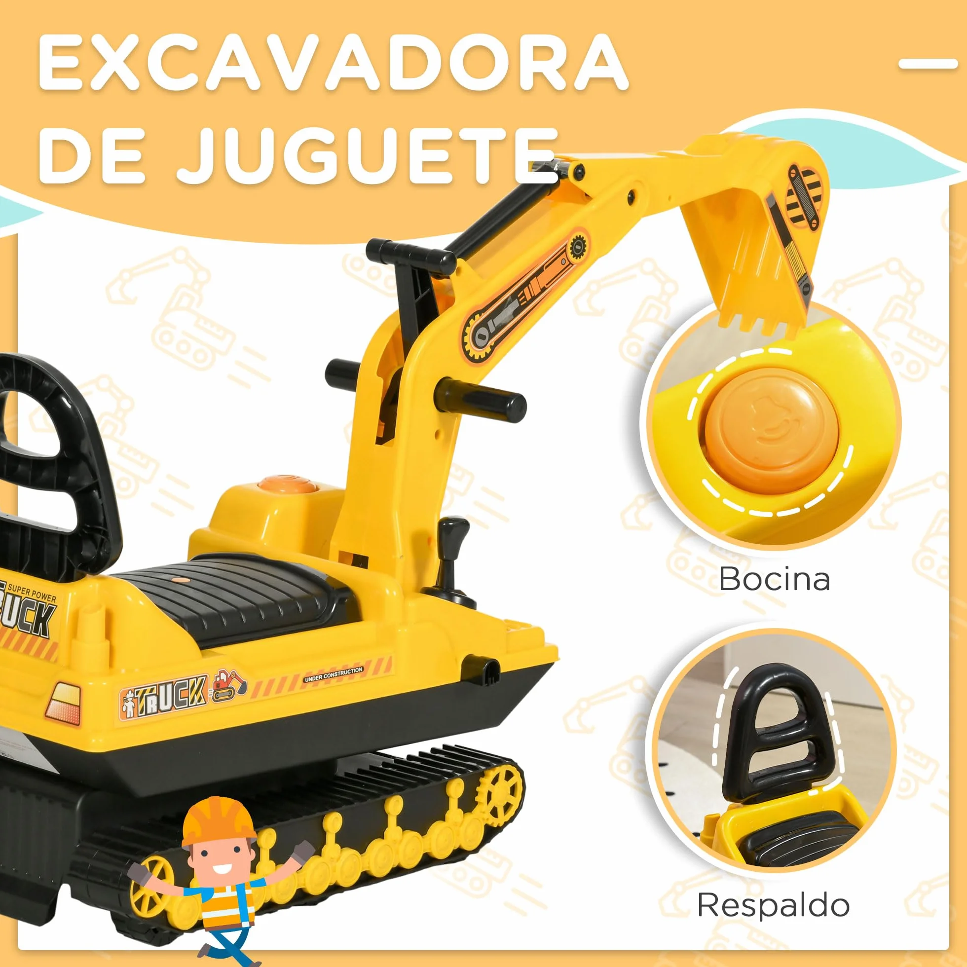 HOMCOM Excavadora sin Pedales para Niños de 18-48 Meses Excavadora Correpasillos Camión de Construcción con Asiento de Almacenamiento Pala Delantera y Bocina Carga 30 kg 78x24x58,5 cm Amarillo