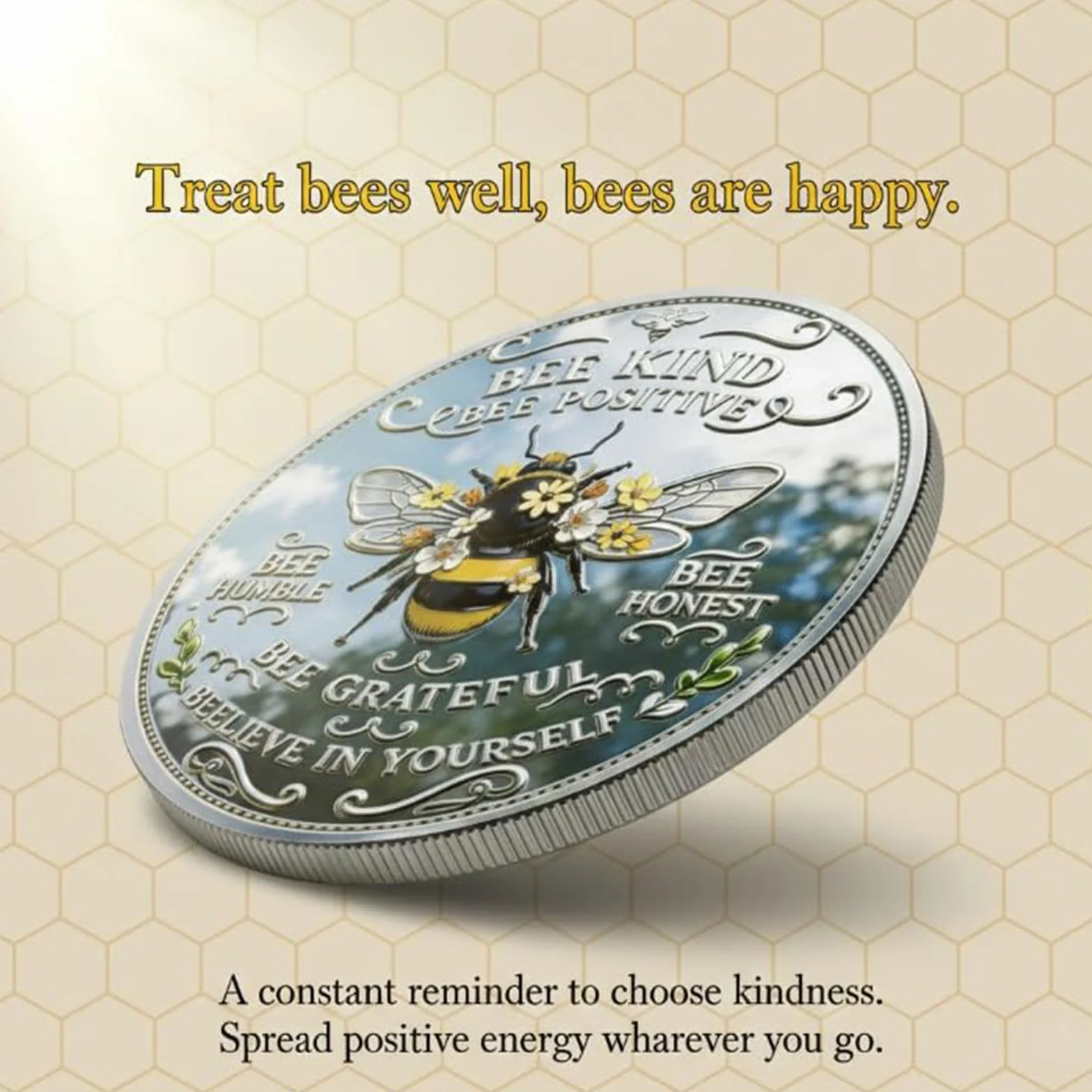 Moneda de positividad tipo abeja, ficha de abeja inspiradora de doble cara con diseño de girasol y laurel, moneda de desafío motivacional para la afirmación diaria (3pcs)