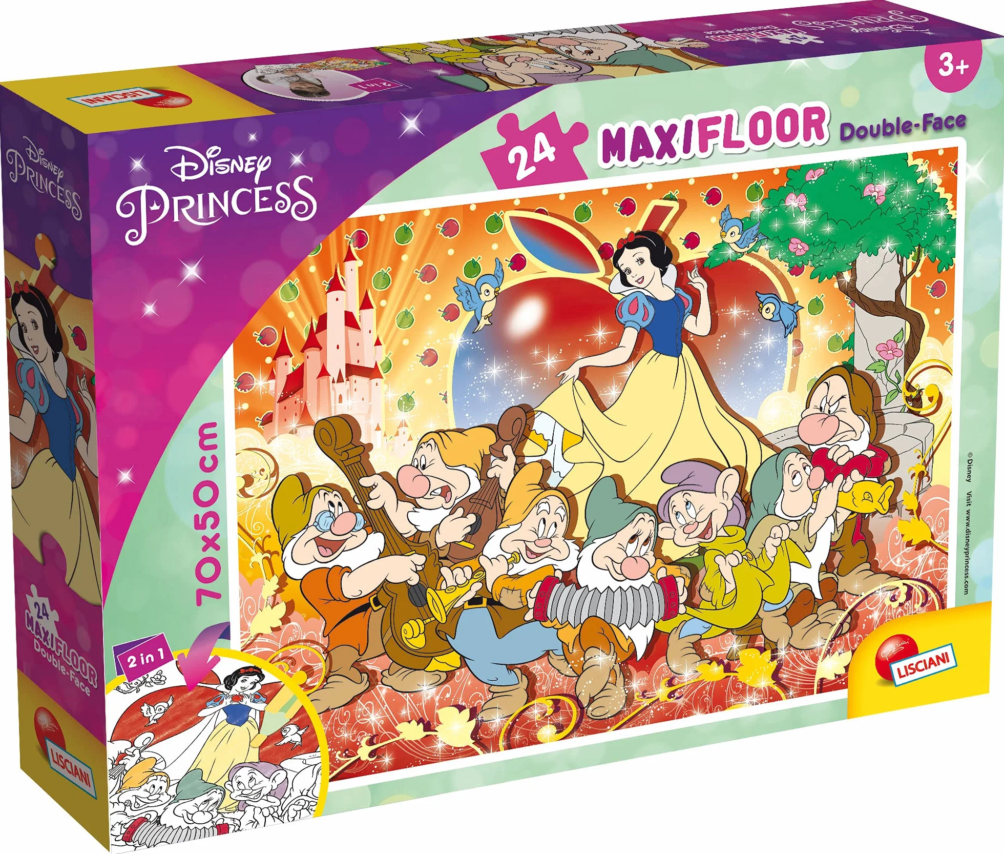 Liscianigiochi Puzzle Maxi Floor para niños de 24 piezas 2 en 1, Doble Cara con reverso para colorear - Disney Blancanieves 86627