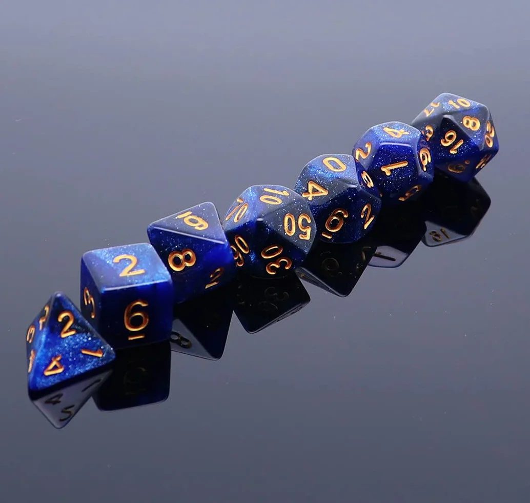 DND Dados Poliédricos D&D Juego de Rol Con Bolsa de 7 Piezas, Diseño Nebulosa Azul Oscuro y Negro