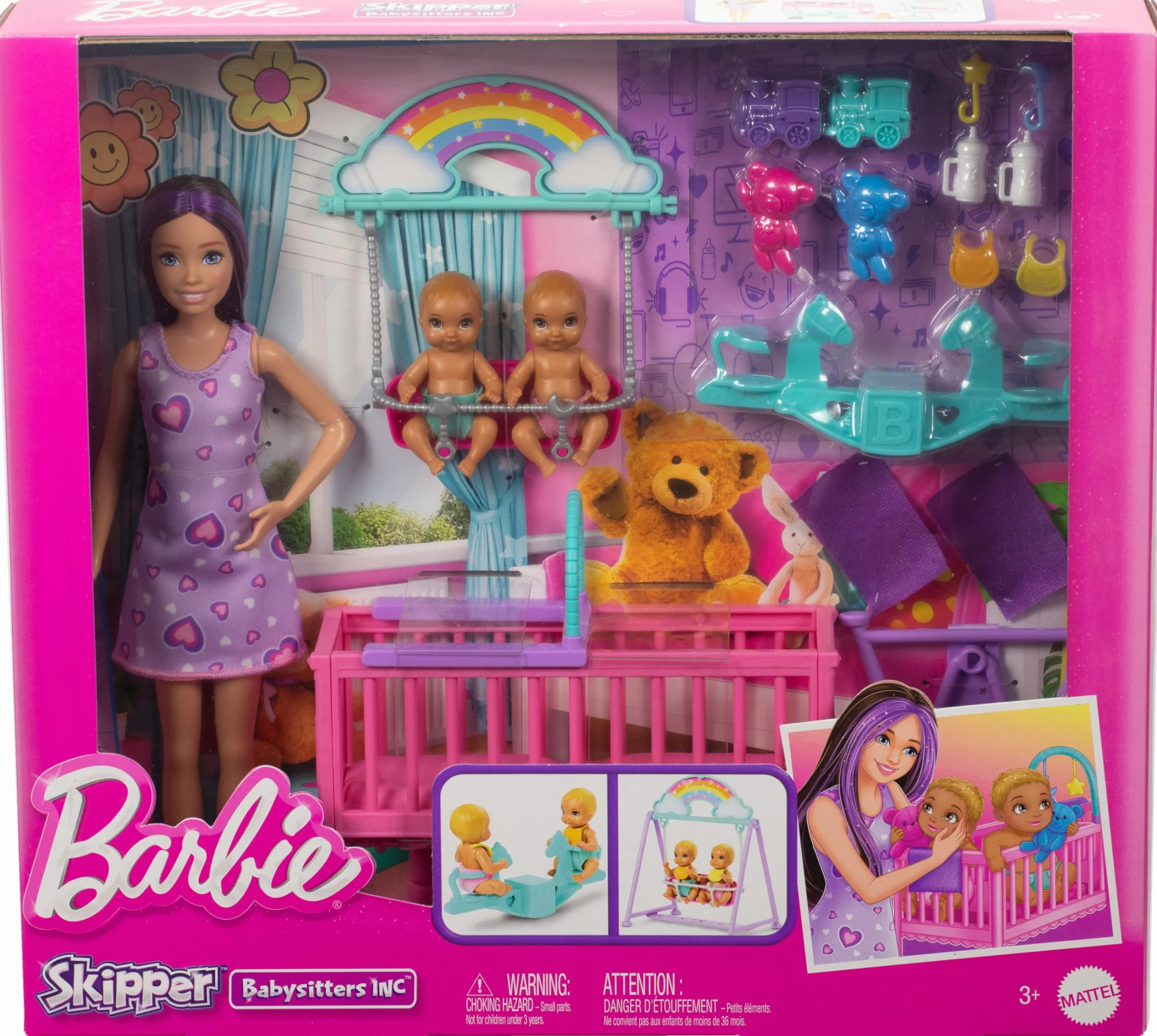 Barbie Muñeca Skipper Canguro de Gemelos con Vestido Morado de Corazones, Cuna, Columpio y Accesorios de Juego para bebés, Juguete +4 años (HXM99)