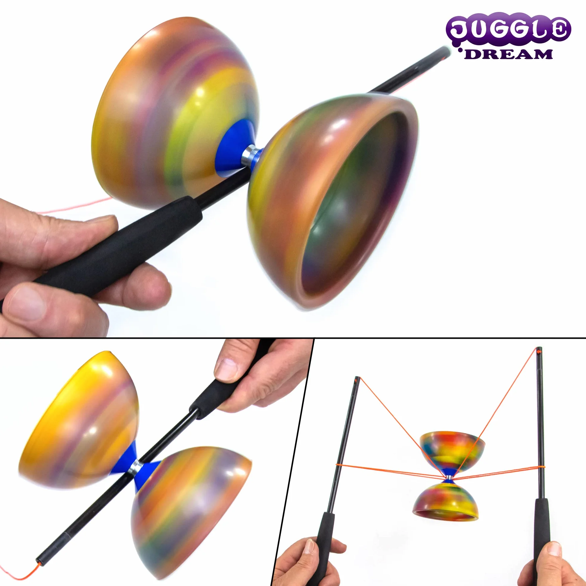 Juggle Dream Jester Diábolo Set para Malabares - Diábolo con Eje Fijo con Palos de Fibra y Vídeo de Aprendizaje en Línea (Multicolor)
