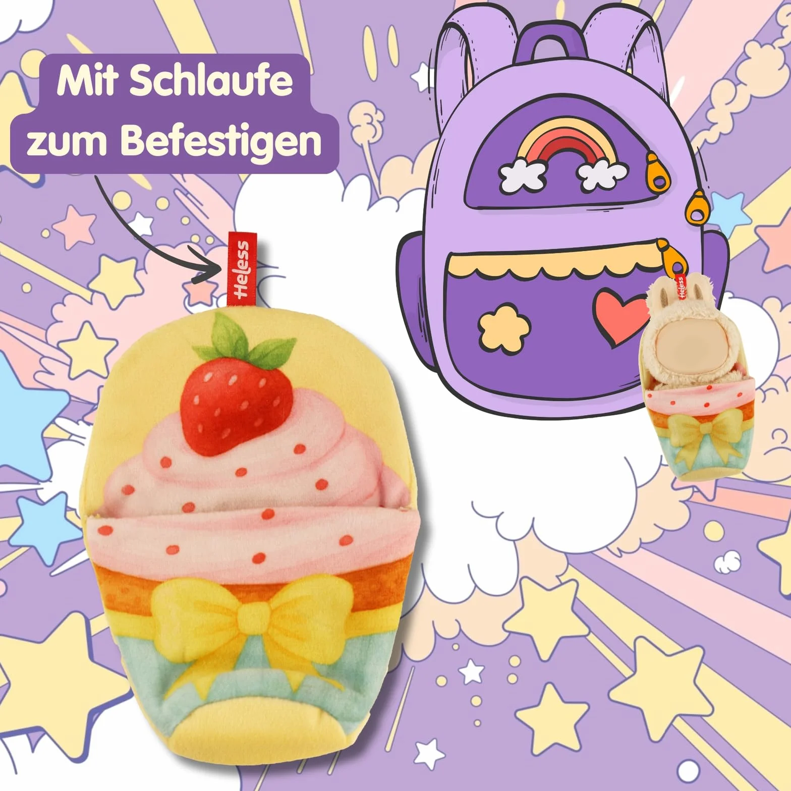 Heless Monster Styles 7524 - Saco de Dormir para muñecas con diseño de Cupcake con Fresa, con Lazo, Set Kawaii para Monstruos de 15 cm