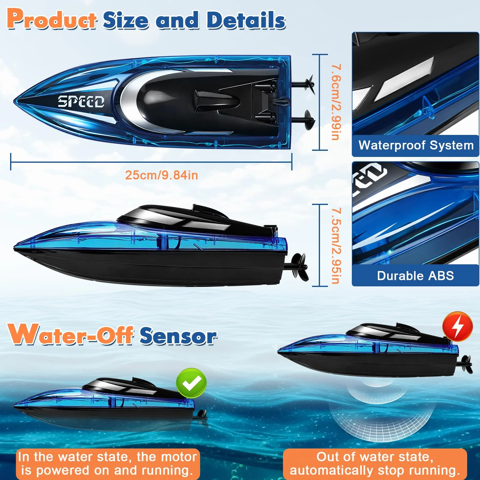 Barco Teledirigido para niños y Adultos, 2.4 GHz Barco de Control Remoto con luz RGB, Barco eléctrico Alta Velocidad 20 km/h Hélices Dobles Autoadrizable lanchas de Carreras para Piscinas Lagos