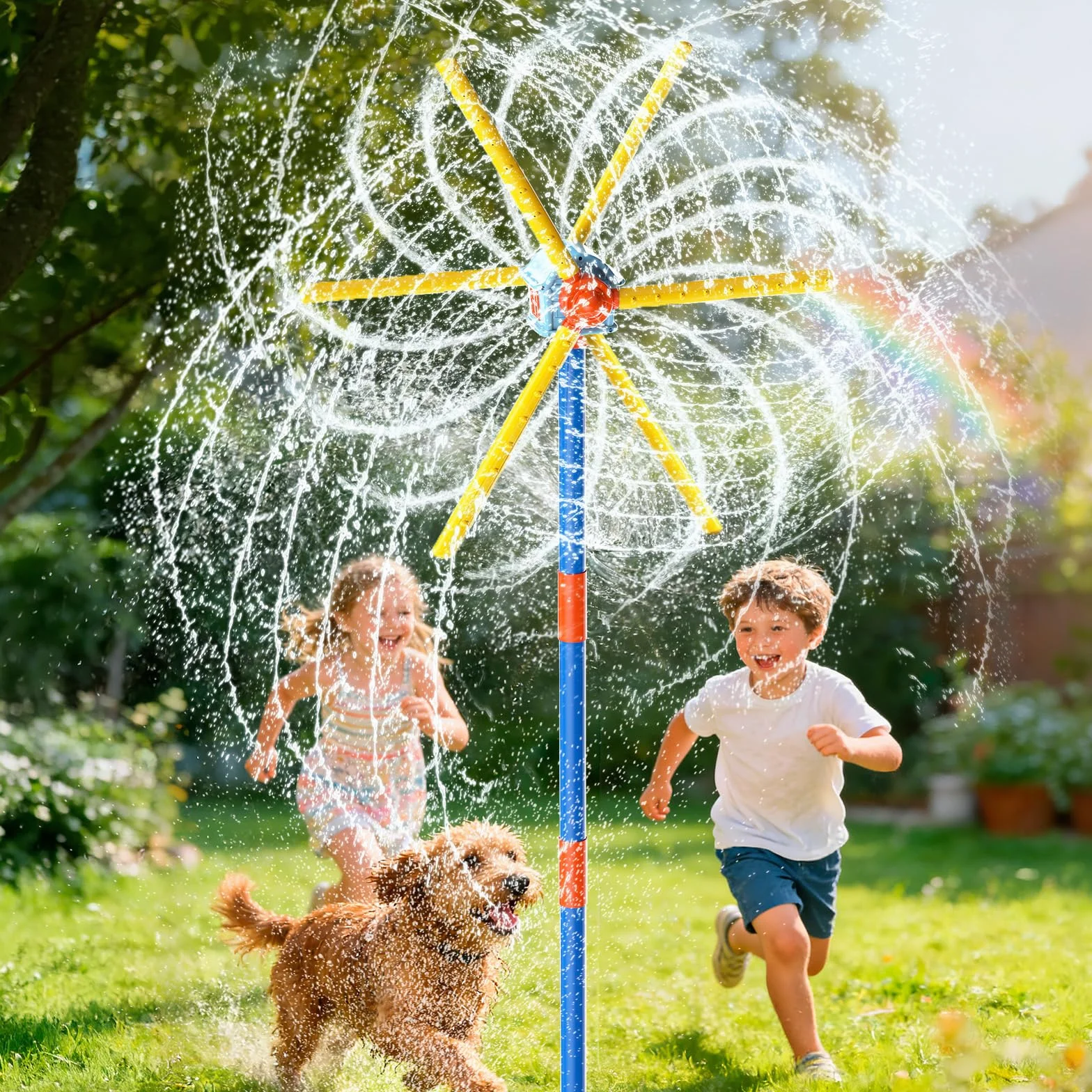 VATOS Aspersor de Molino 59 Pulgadas, Juguete de Exterior para Niños – Doble Cara con 6 Aspas & 54 Boquillas, Giro 360° – Juego de Agua para Niños, Mascotas y Riego del Césped