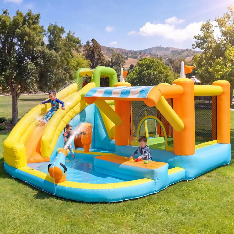 Castillo Hinchable con tobogán acuático y Piscina, Castillo Hinchable de Juegos acuáticos para Exteriores, Parque Infantil acuático con Ventilador, Juguete Hinchable Grande para niños (433x375x165cm)