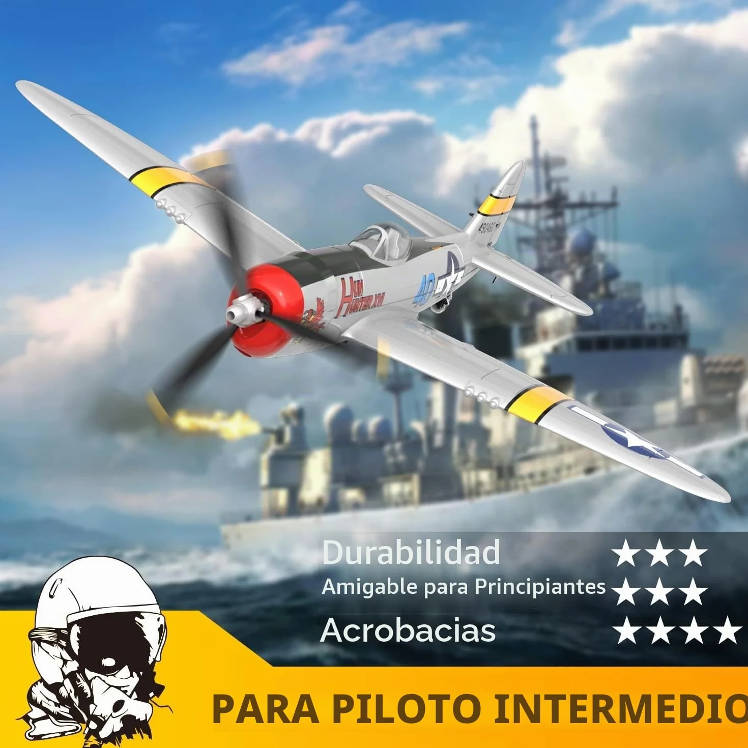 volantexrc P-47 Thunderbolt Avión RC - 4 Canales 2.4GHz RTF con Estabilización 6 Ejes, Modelo de Combate para Principiantes y Expertos (Listo para Volar)