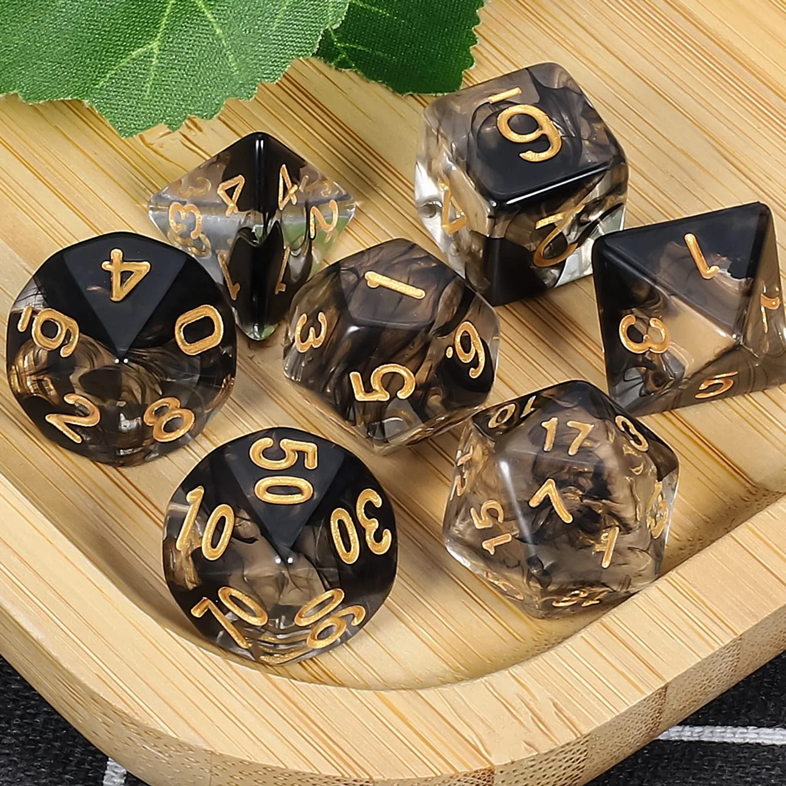 QMAY DND - Juego de dados poliédricos de 7 piezas para Dungeon and Dragons MTG RPG D&D D20, D12, D10, D%, D8, D6, D4 (seda flotante negra transparente)