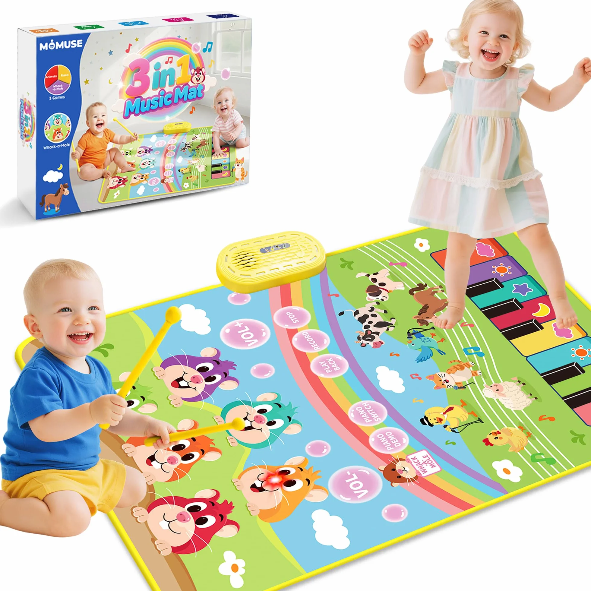 MOMUSE Alfombra Musical Golpea-al-Topo, Regalo Bebé 1 2 3 Años, 3 en 1 Piano Bebé Juguetes Sensoriales de Aprendizaje Educativo Temprano Montessori, Regalos de Cumpleaños para Niños Niñas 3 4 5 Años