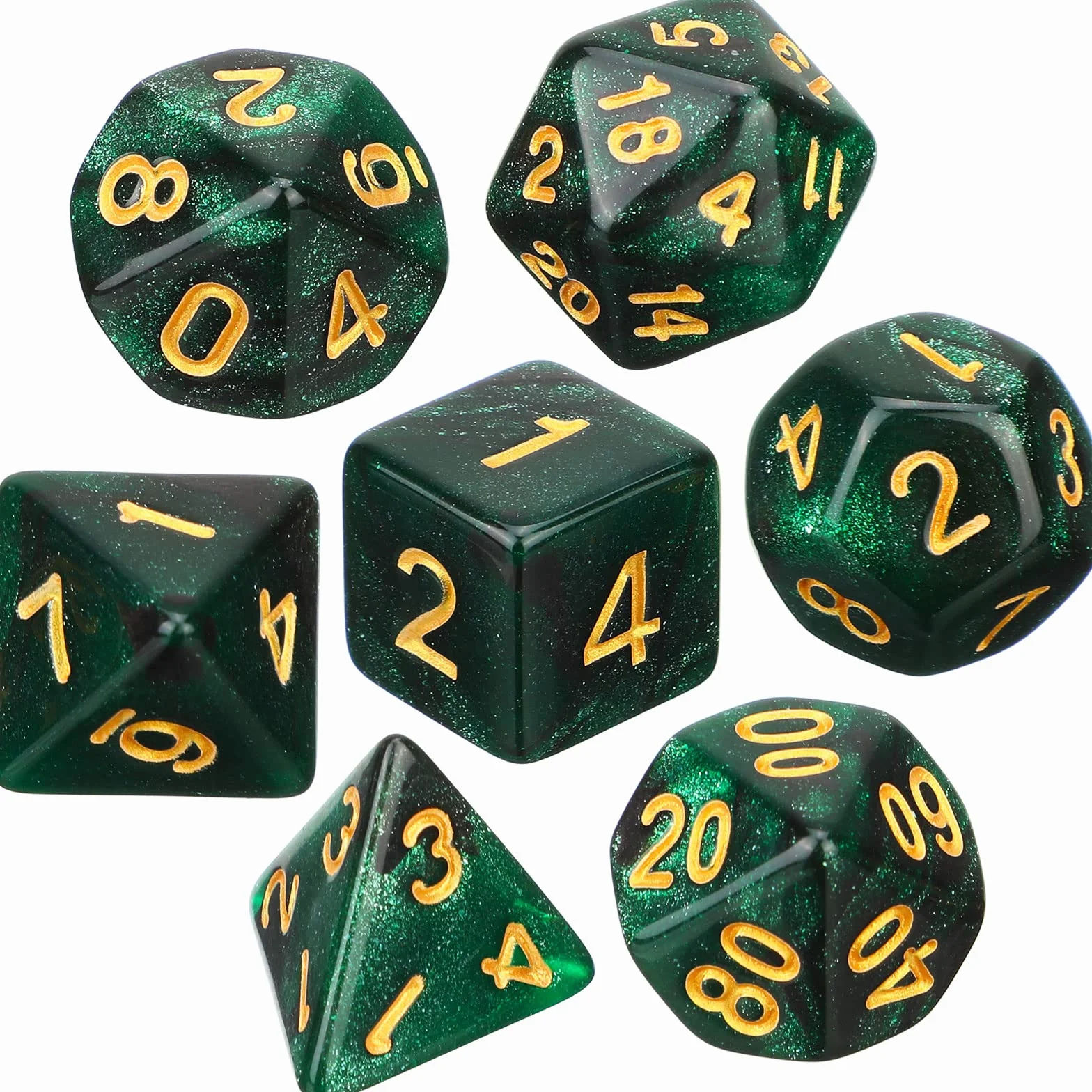 Set de 7 Dados Poliédricos DND con Bolsa Negra para Calabozos y Dragones de Juegos de rol RPG (Nebulosa Verde Negra)