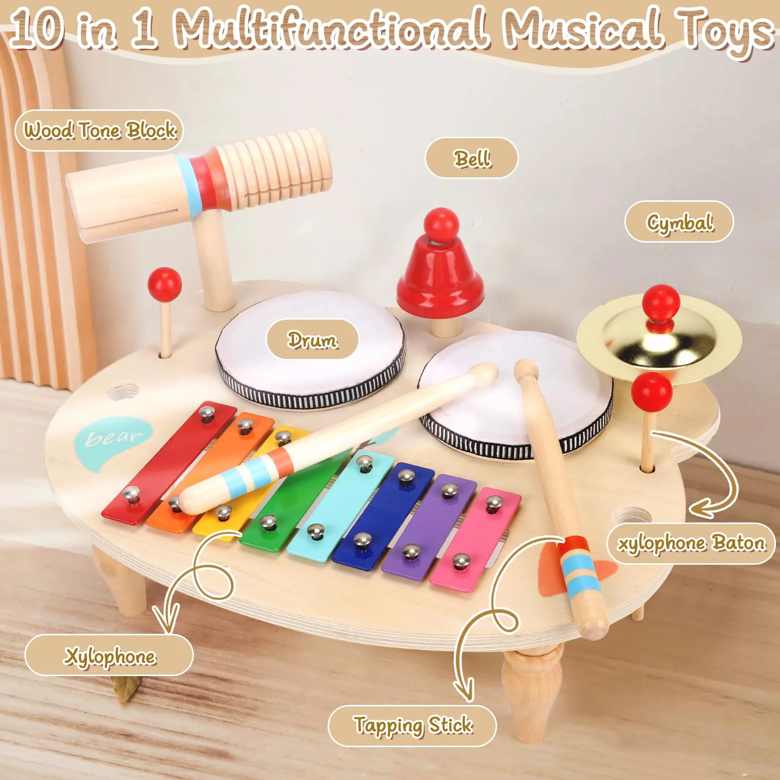 LZDMY Juguetes Instrumentos Musicales Infantiles, Juguetes Montesorri Madera de Tambores, Regalos Niños Niñas 3 4 5 6 Años para Navidad Cumpleaños Reyes Magos