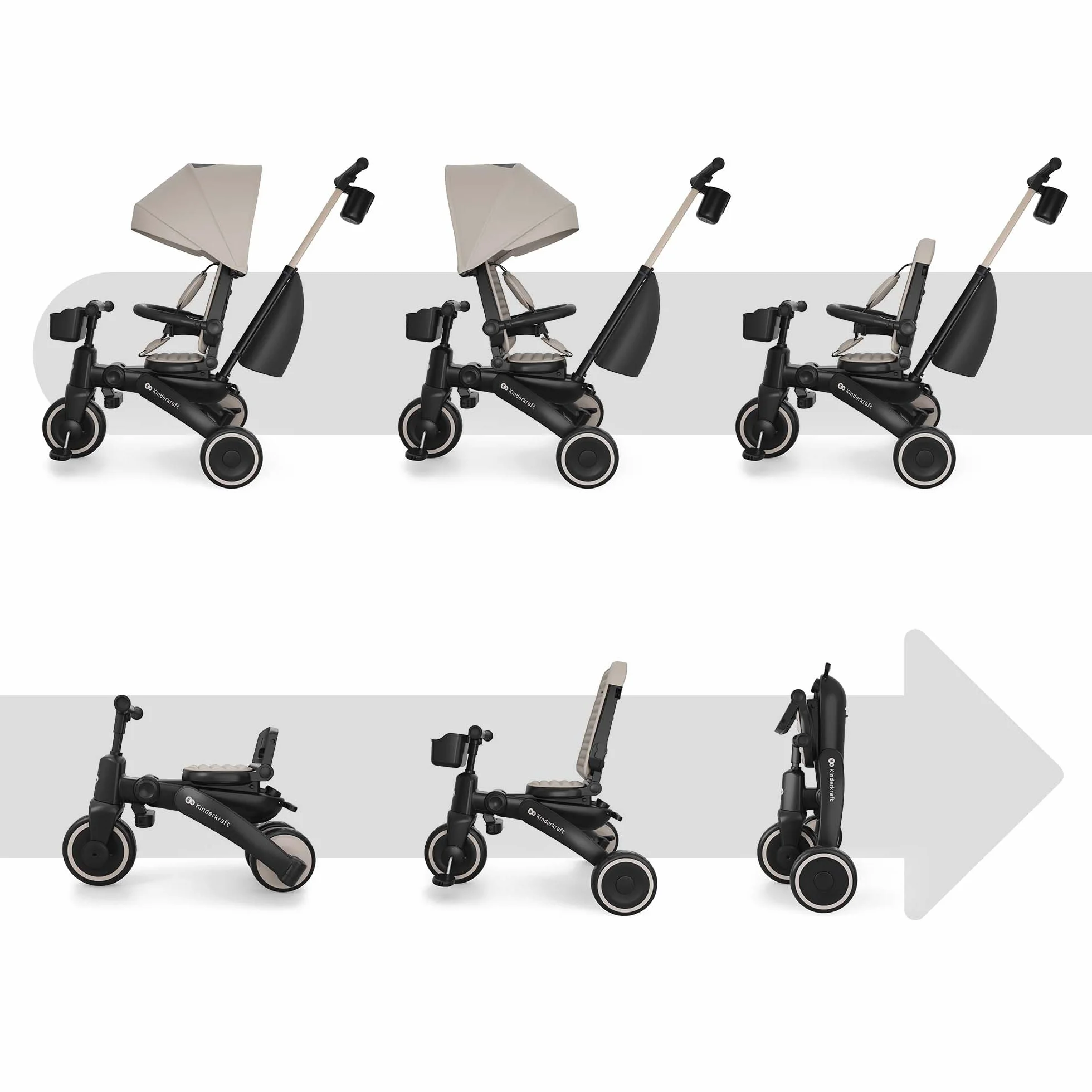 Kinderkraft Jazz 3 Triciclo, Asiento Giratorio 360°, posición semirreclinada, Plegable, Capota UPF 50+, Manillar para Padres, función de Bicicleta de Equilibrio, Beige