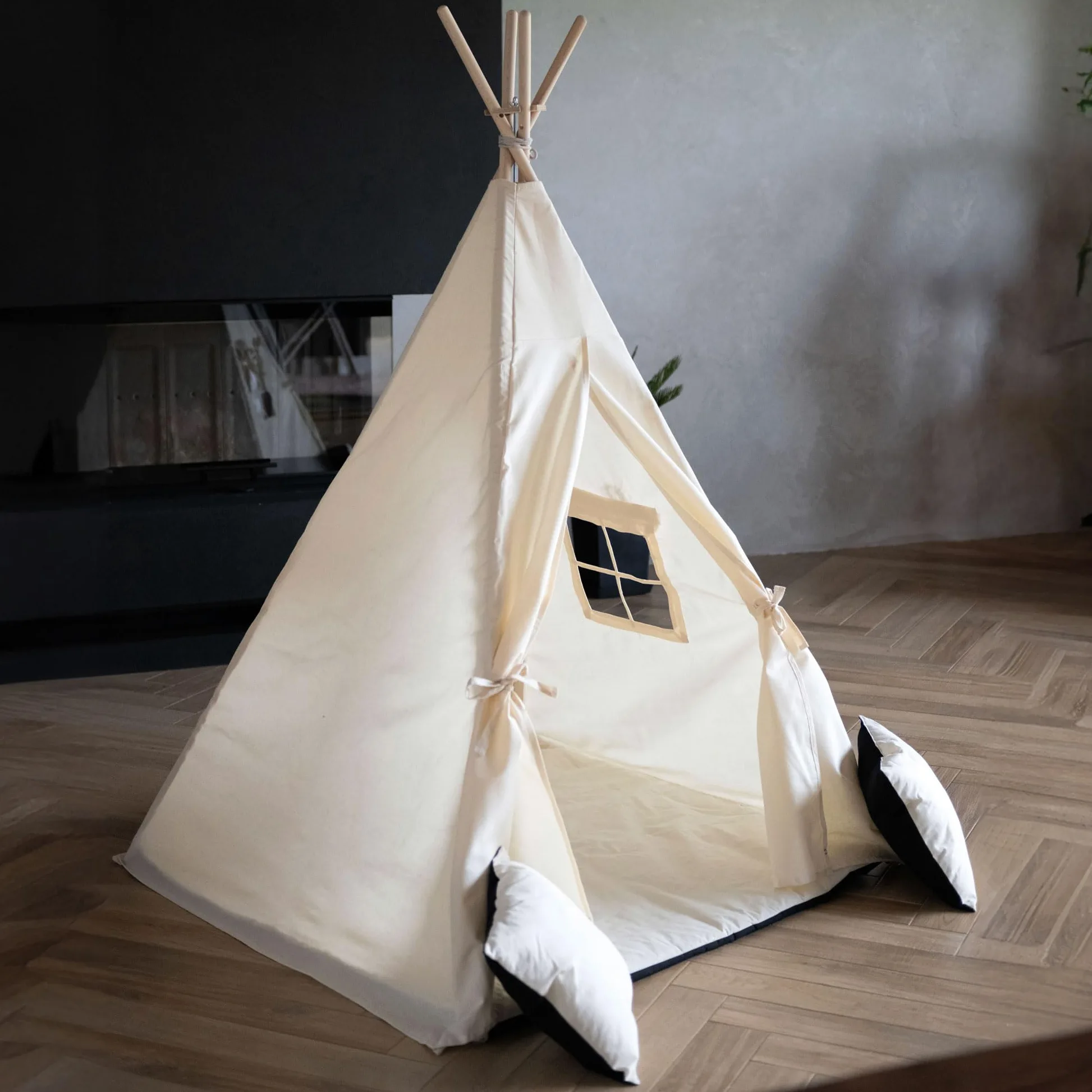 PaLulli Tipi - Tienda de campaña para niños con alfombra y sistema anticolapso y 3 cojines decorativos de lona de algodón (beige)