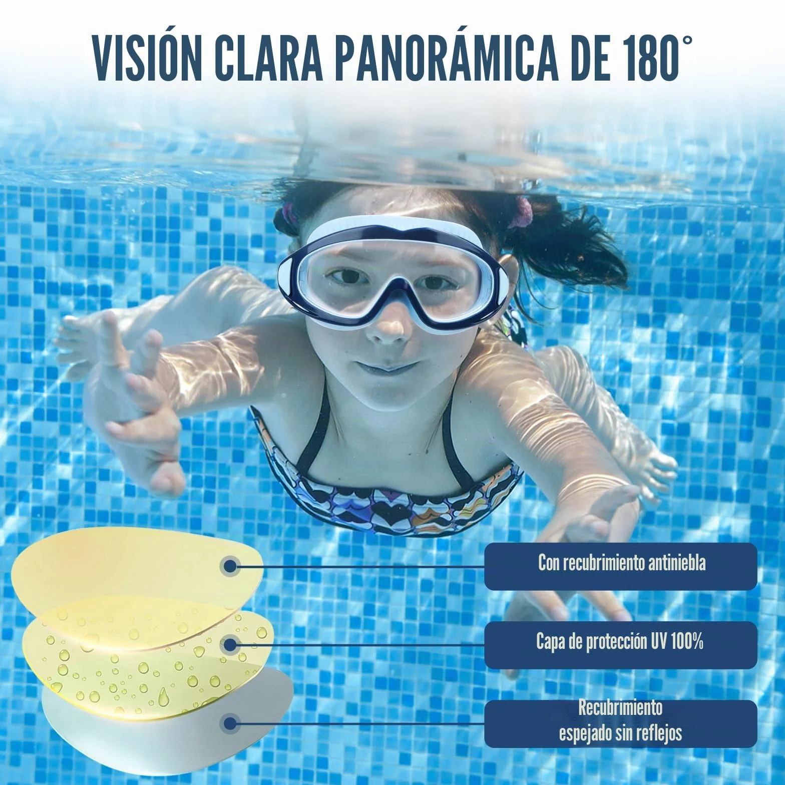 Gafas de natación para niños 3-15 años antivaho impermeables máscara de buceo panorámica 180° antifugas