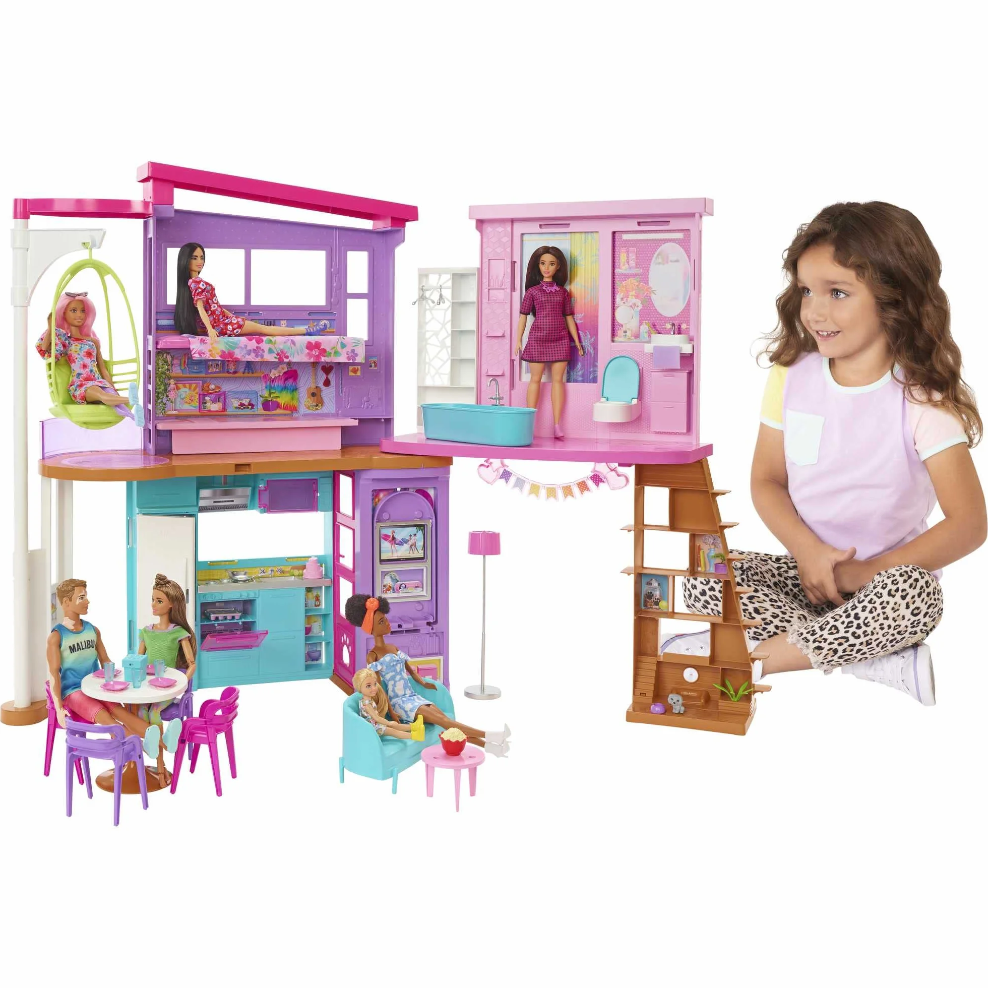 Barbie Casa Malibú Casa de muñecas plegable 2 pisos con 6 habitaciones y muebles, incluye 30 accesorios, juguete de regalo +3 años (Mattel HCD50)