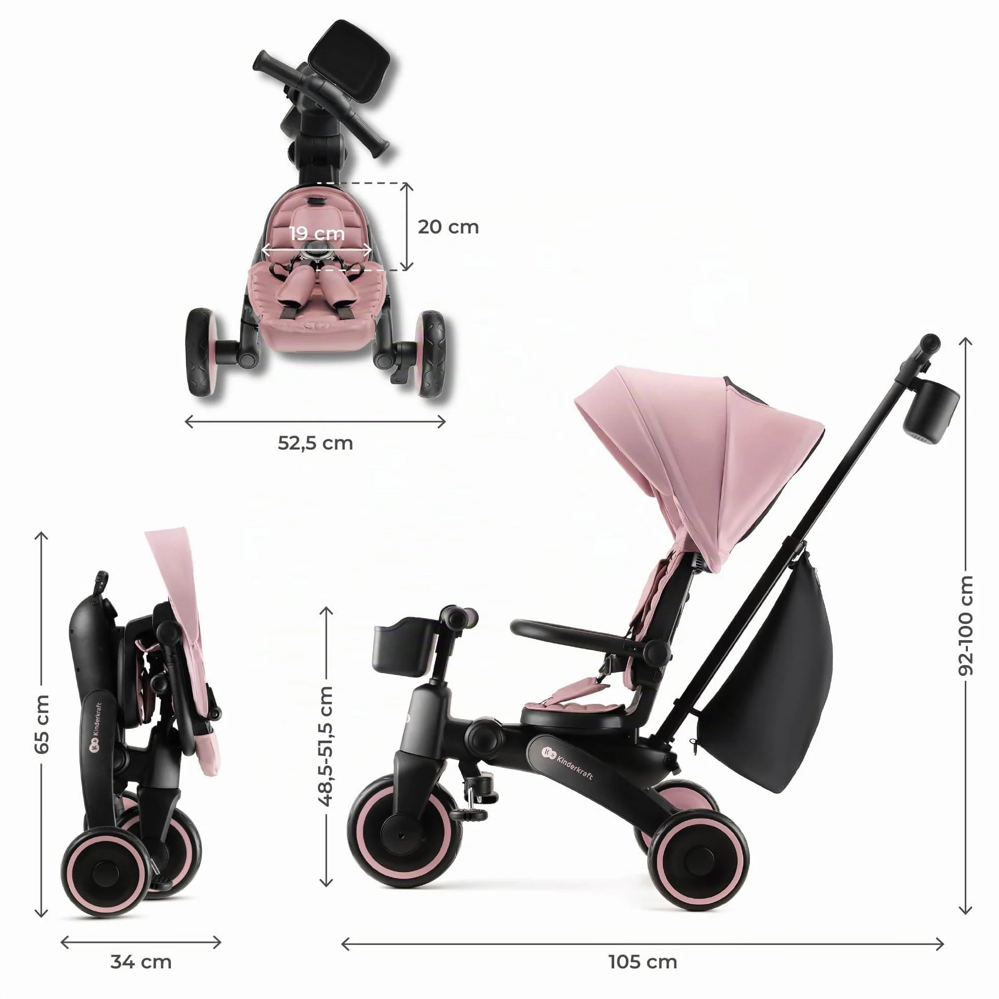Kinderkraft JAZZ2 Triciclo 6 en 1, con función de Rueda para niños, Cochecito Plegable con Accesorios, protección UV UPF50+, de 9 Meses a 5 años, Rosa