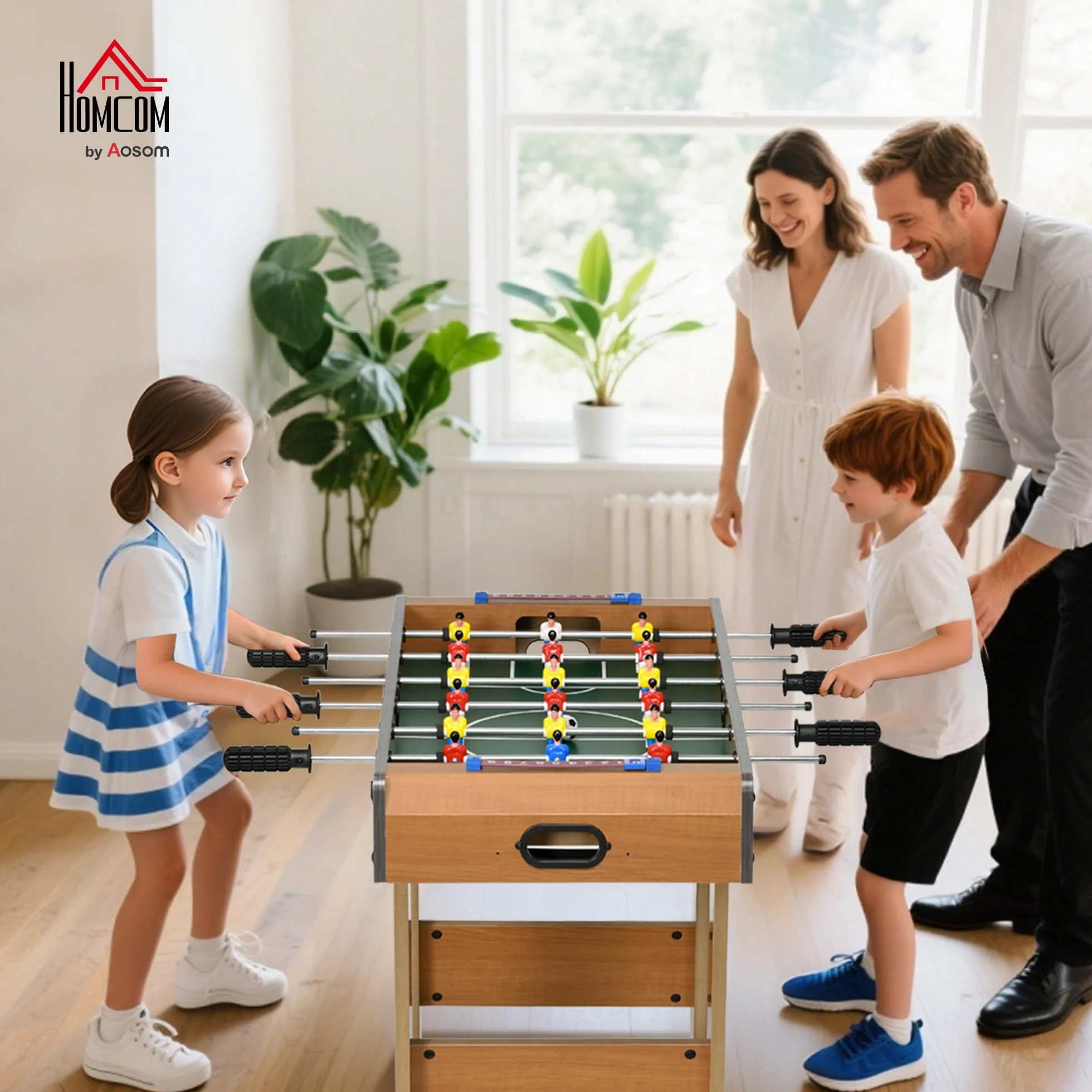 HOMCOM Futbolín Plegable para Niños y Adultos Futbolín de Madera 69x37x70 cm con 2 Bolas 6 Asas 2 Marcadores de Puntos 18 Jugadores para Familias Fiestas Juegos Natural