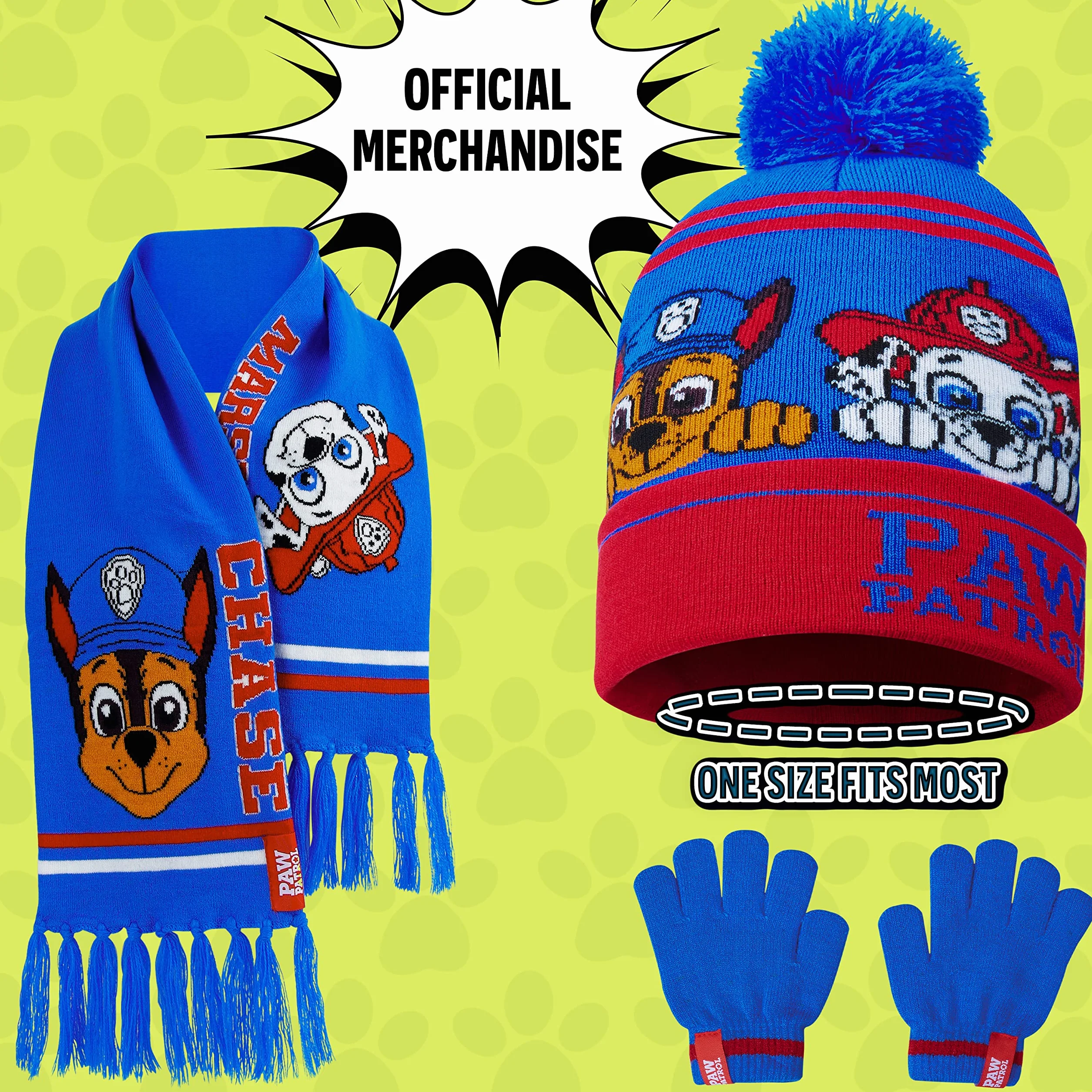 Paw Patrol Set de Invierno 3 Piezas Gorro Pompón Bufanda Guantes para Niños
