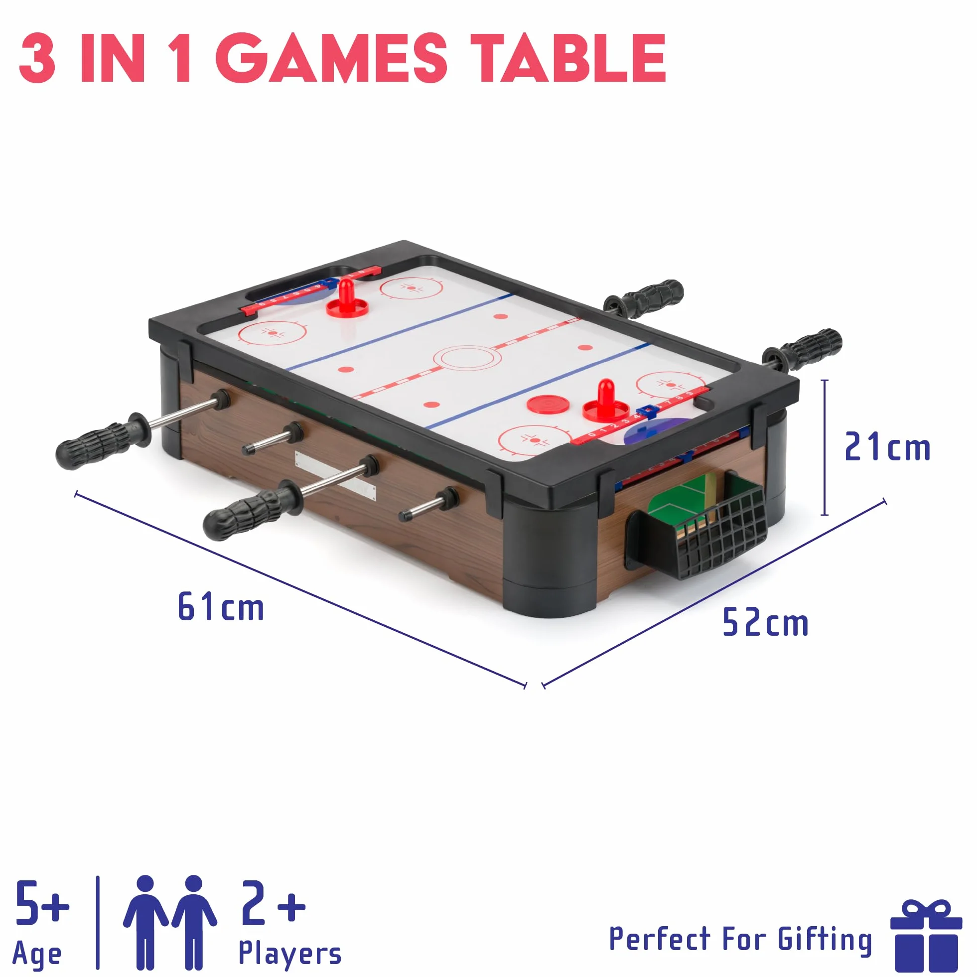 Toyrific Powerplay - Juego de Mesa 3 en 1, Juego de Mesa multijuego, Mini fútbol, Hockey y Tenis de Mesa, mesas de Billar Deportivas, Talla única