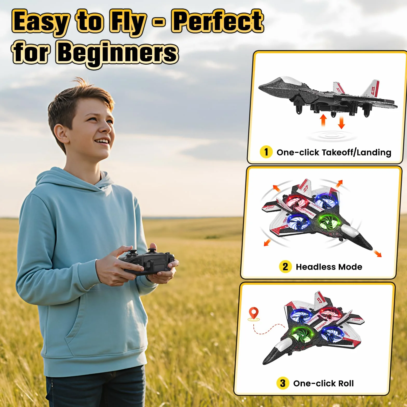 Avión Telecontrolado, 3 Velocidades de Avión RC, Rotaciones y Barriles de 360°, Equipado con luz Nocturna LED y 2 Pilas Recargables, Ideal para Principiantes y Niños (Rojo)
