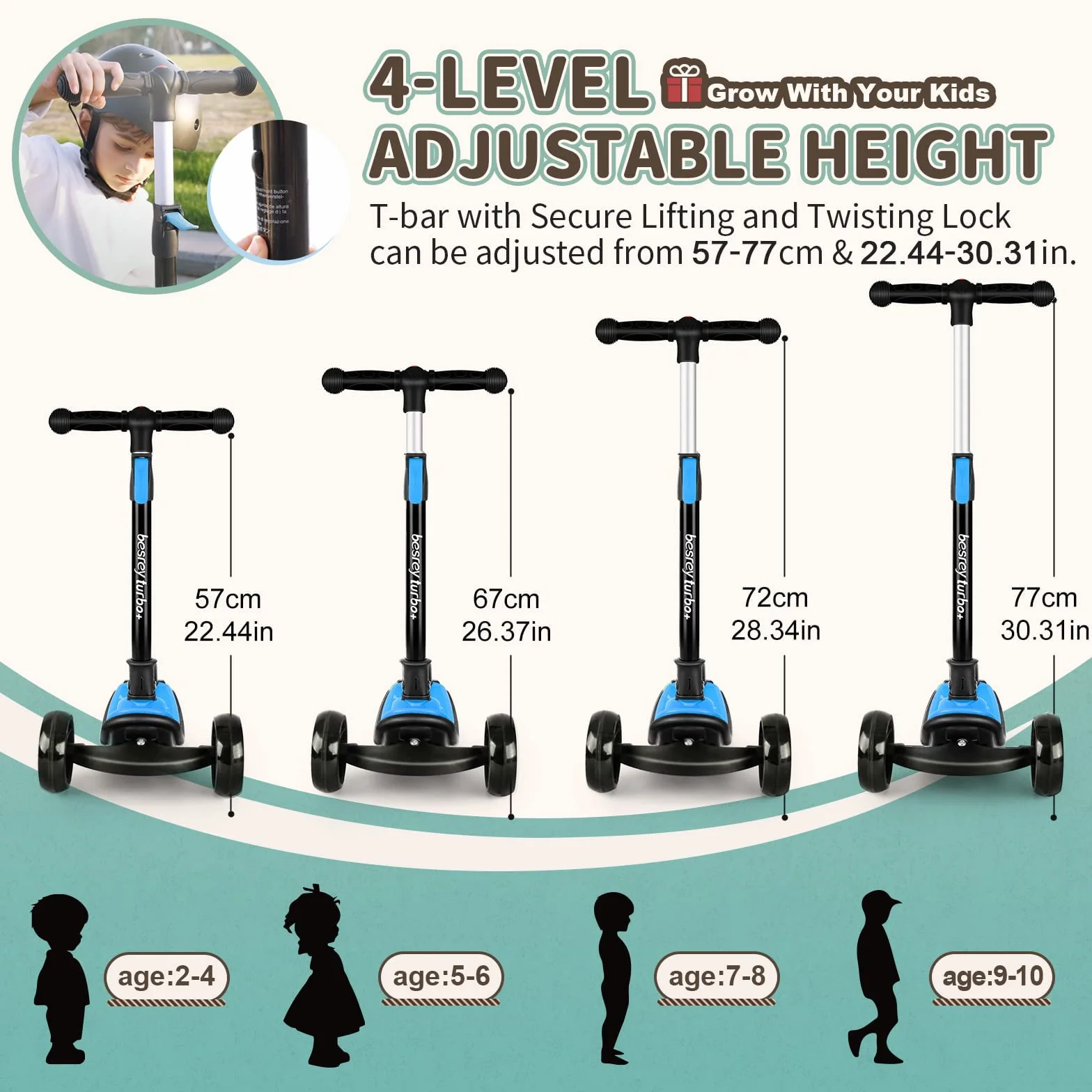 besrey Patinete para niños – Big Wheels Plegable con Luces LED Intermitentes para niños y niñas, 4 Niveles de Altura Ajustable, Tabla Ancha para niños de 2 a 8 años