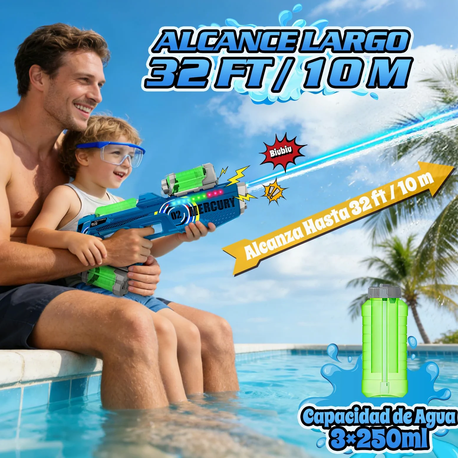 FORMIZON Pistola de Agua Eléctrica, Pistola de Agua de Largo Alcance con Luces y Efectos Musicales, Pistolas de Agua Automática para Niños y Adultos Verano, Playa, Piscina