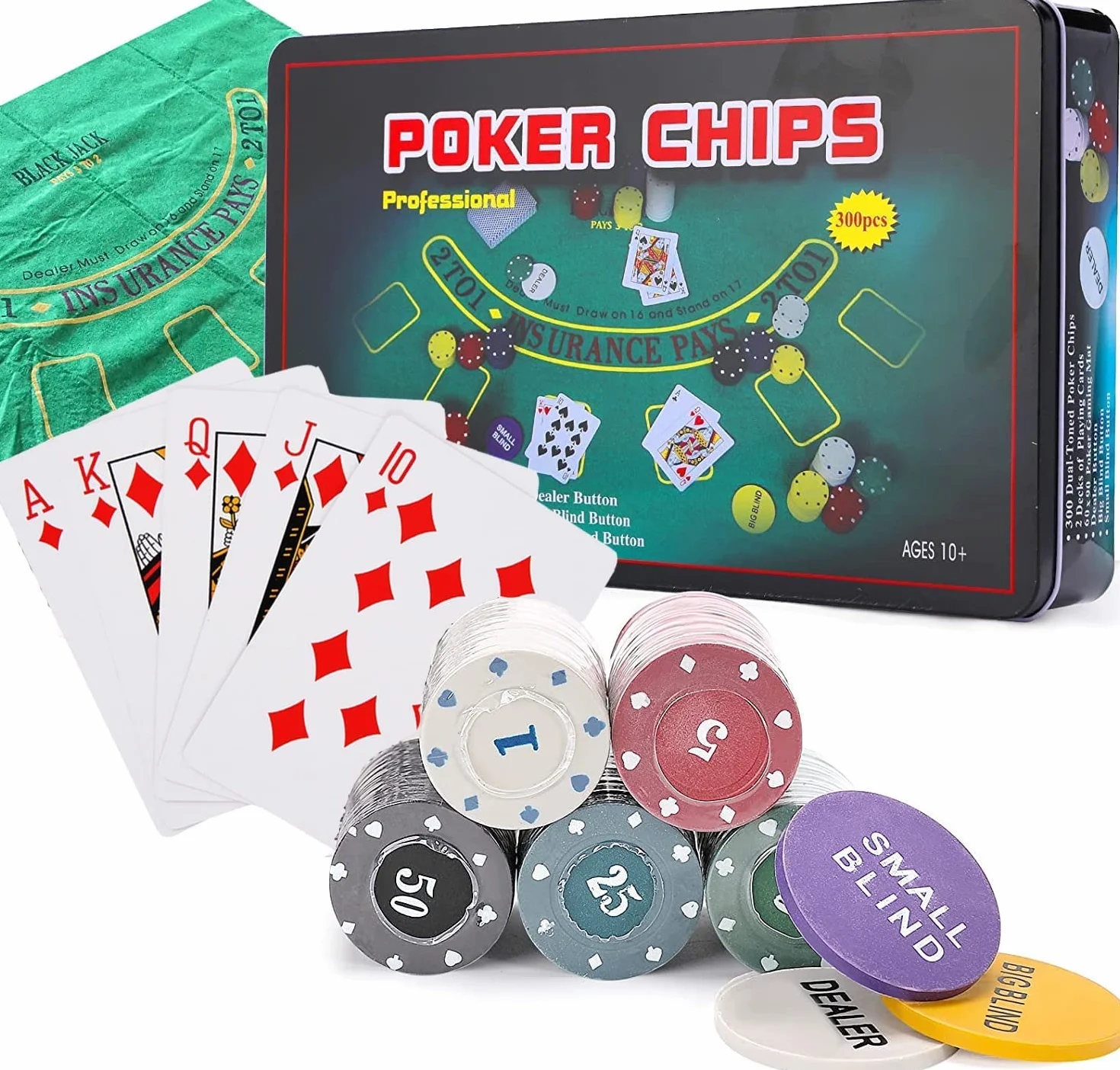 powerking Juego de póquer para Texas Holdem, Blackjack 300 fichas, juego de póquer con mantel, juego para familia, amigos, fiestas