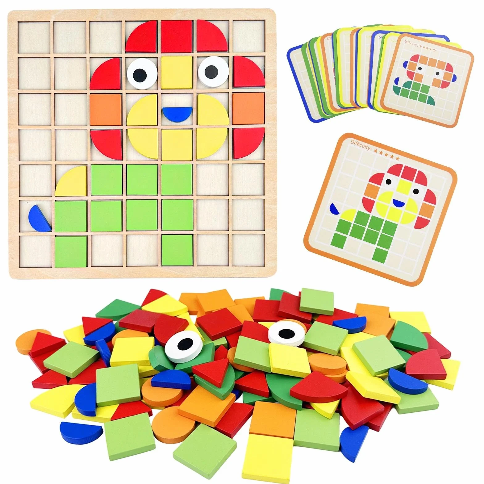 120 Piezas Puzzle de Mosaico Madera con 20 Tarjetas, Rompecabezas con Forma Geométrica, Juguete Puzzles de Tangram, Bloques de Patrones de Madera, Juguetes Montessori Niños 3 4 5 6 Años