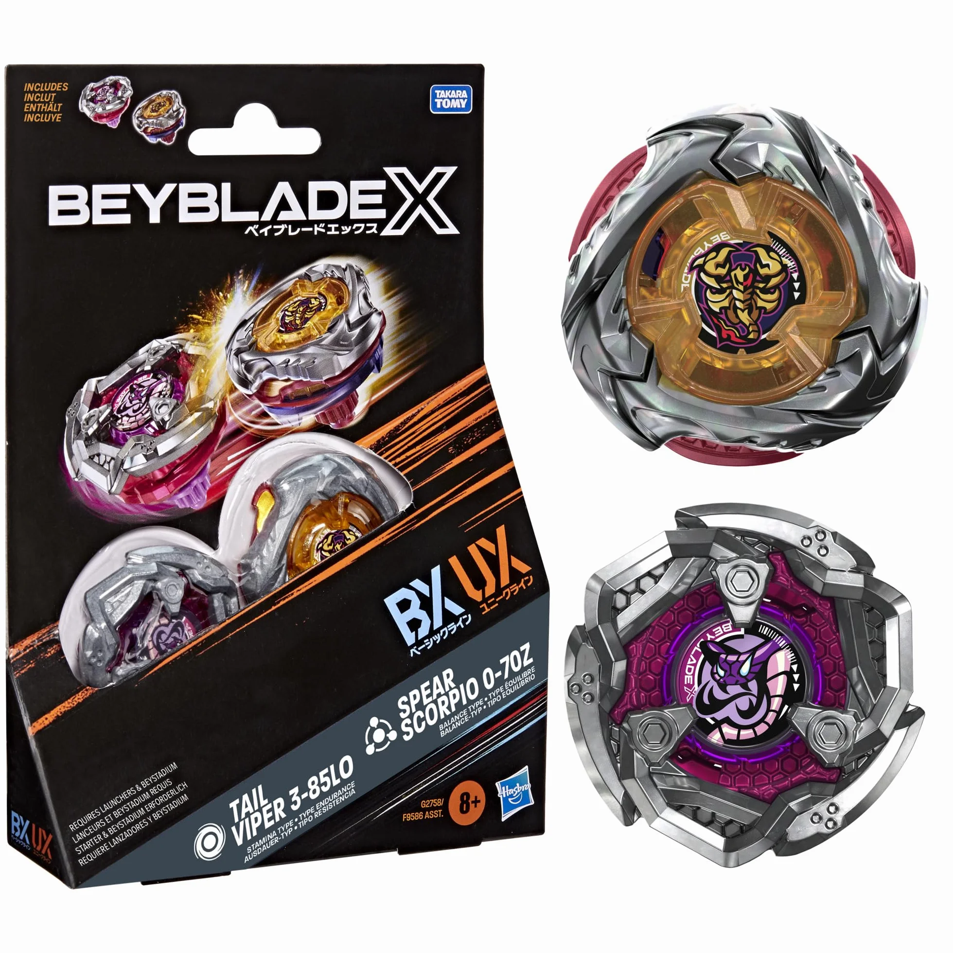 Beyblade X, Spear Scorpio 0-70Z UX y Tail Viper 3-85LO Bx, Pack Doble Takara Tomy con 2 Tops de rotación Derecha, Juego de Tops de Batalla, A Partir de 8 años