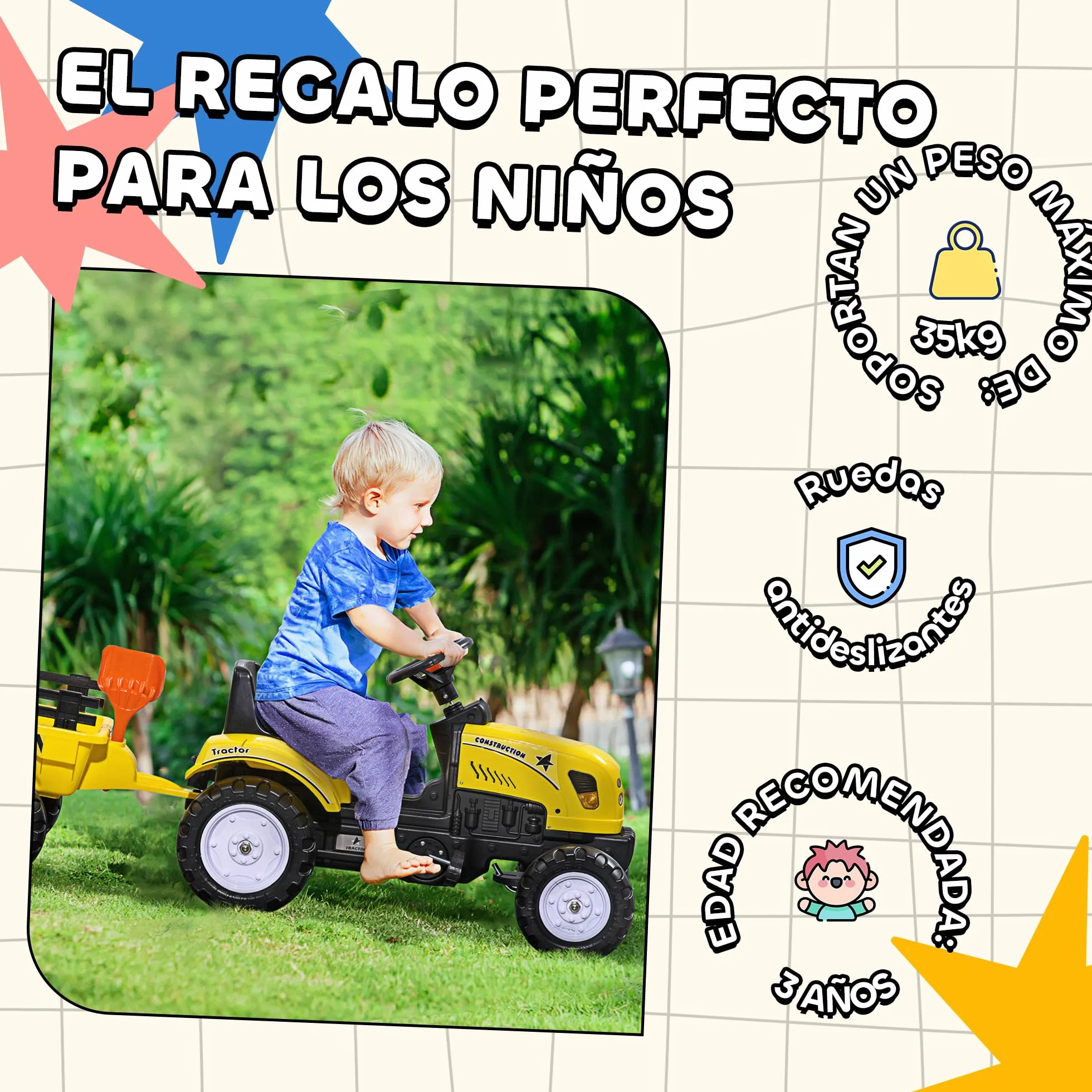 HOMCOM Tractor a Pedales para Niños de 3 Años con Remolque Juguete de Montar Coche de Pedales Carga 35 kg 133x42x51 cm Amarillo