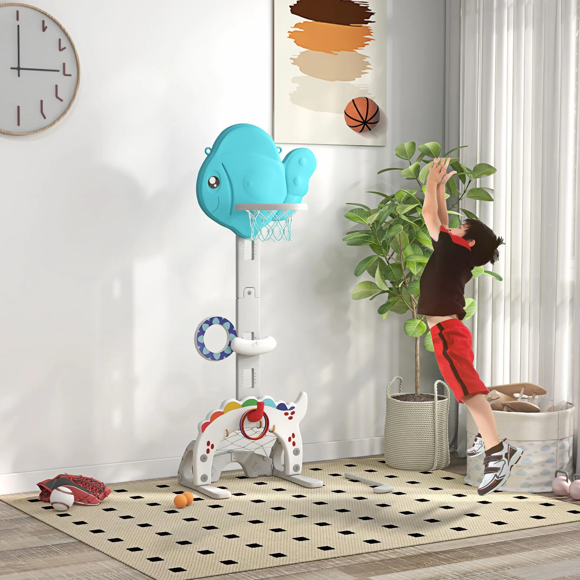 AIYAPLAY Canasta de Baloncesto Infantil 5 en 1 Altura Ajustable con Temática de Pez Dorado Multicolor