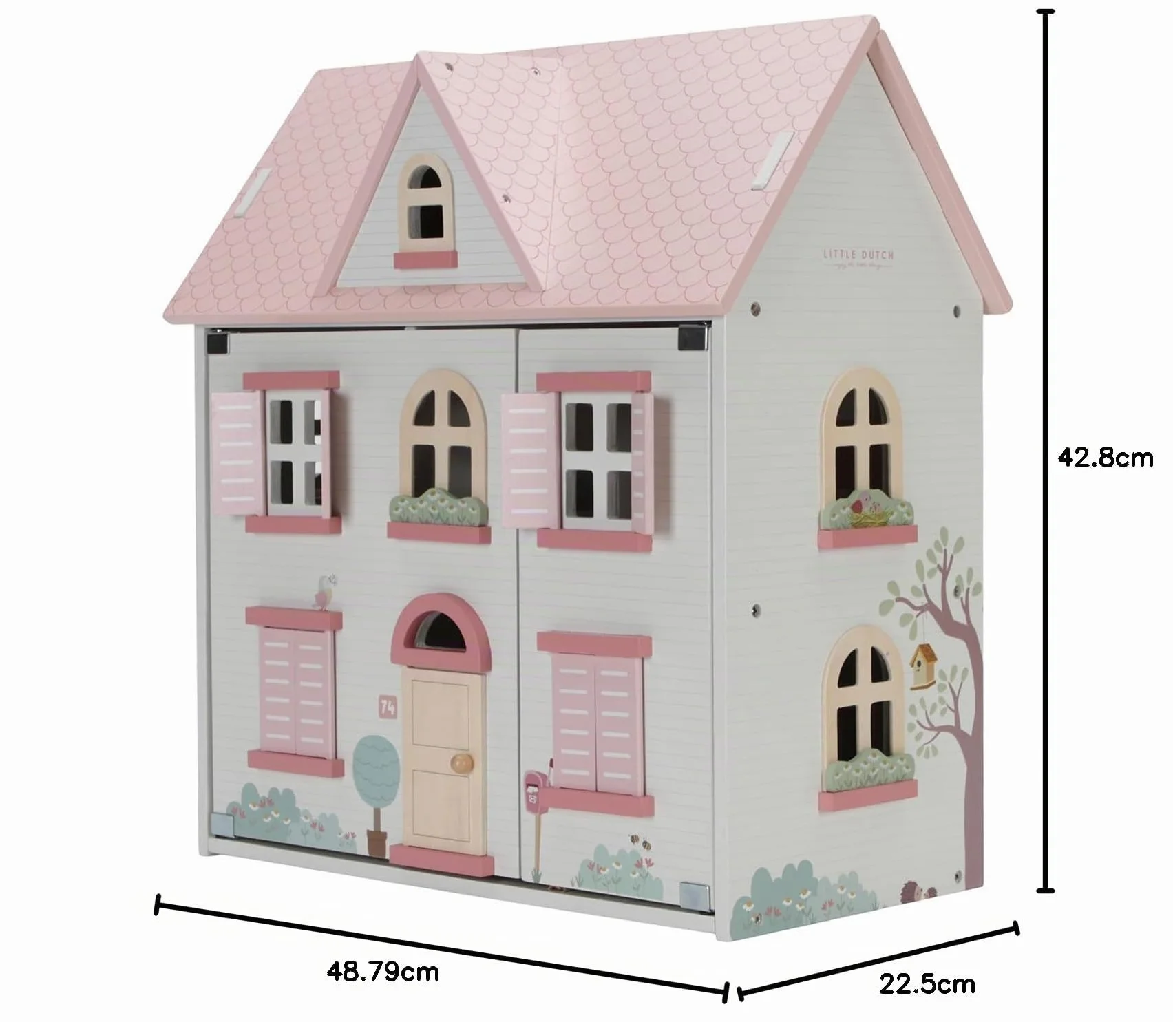 Little Dutch Casa de muñecas grande de madera desplegable con muchos accesorios, figuras de juego y muebles, color blanco y rosa