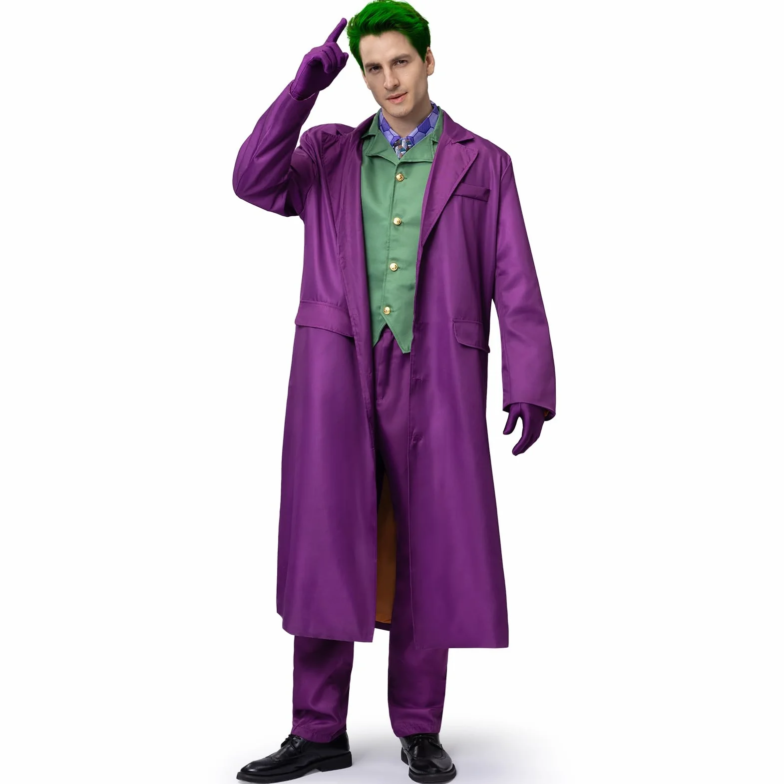IEEILULU Disfraz Joker Hombre, Disfraz de Payaso Terror Hombre Halloween Disfraz Joker con Abrigo Morado, Chaleco Verde, Pantalones, Corbata, Cuello de Camisa Falso y Guantes para Halloween