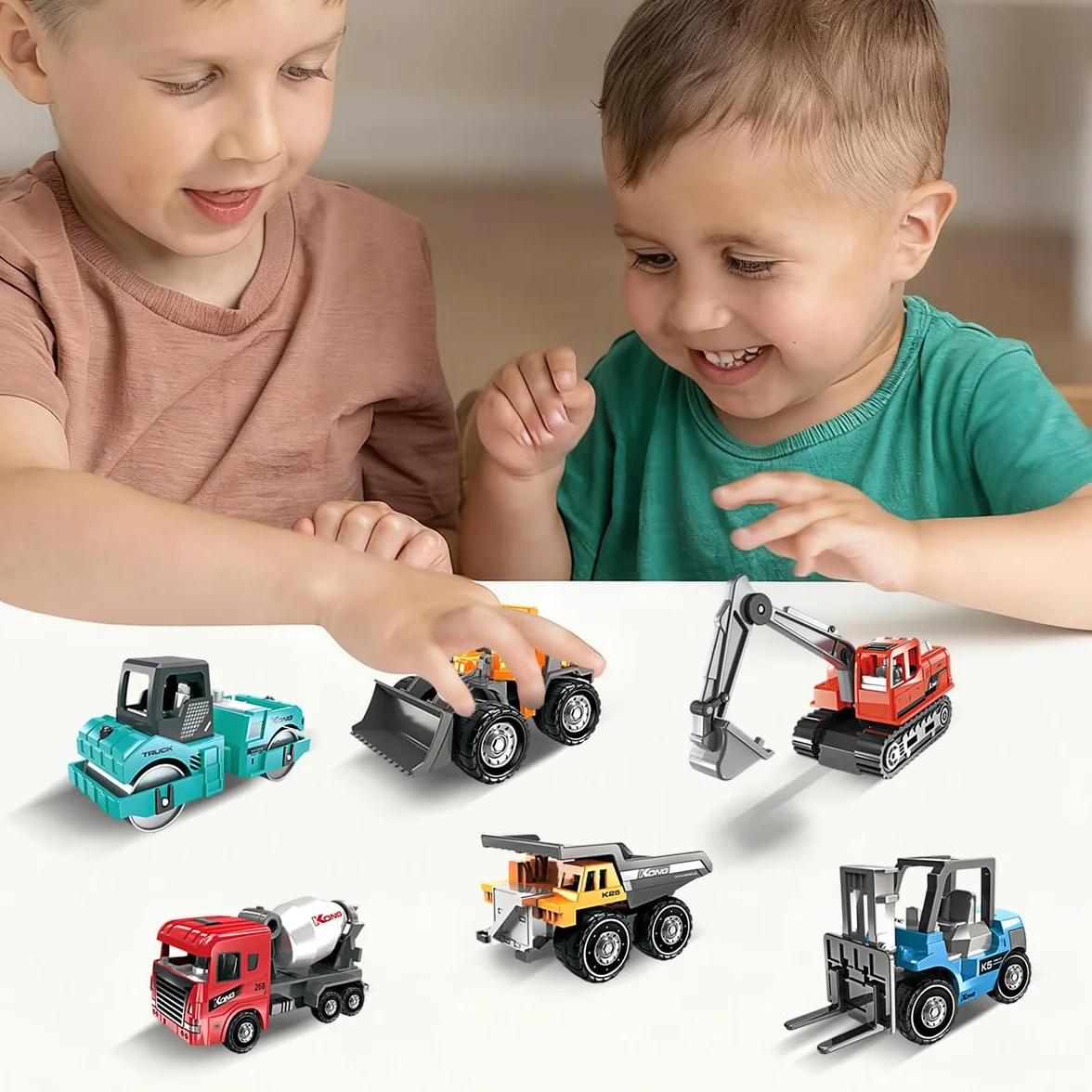 Camiones de Construcción Juguetes, 6PCS Camiones Juguetes, Mini Coches Vehículos de Construcción, Set de Vehículos Push and Go con Grúa, Excavadora, Educación Regalos