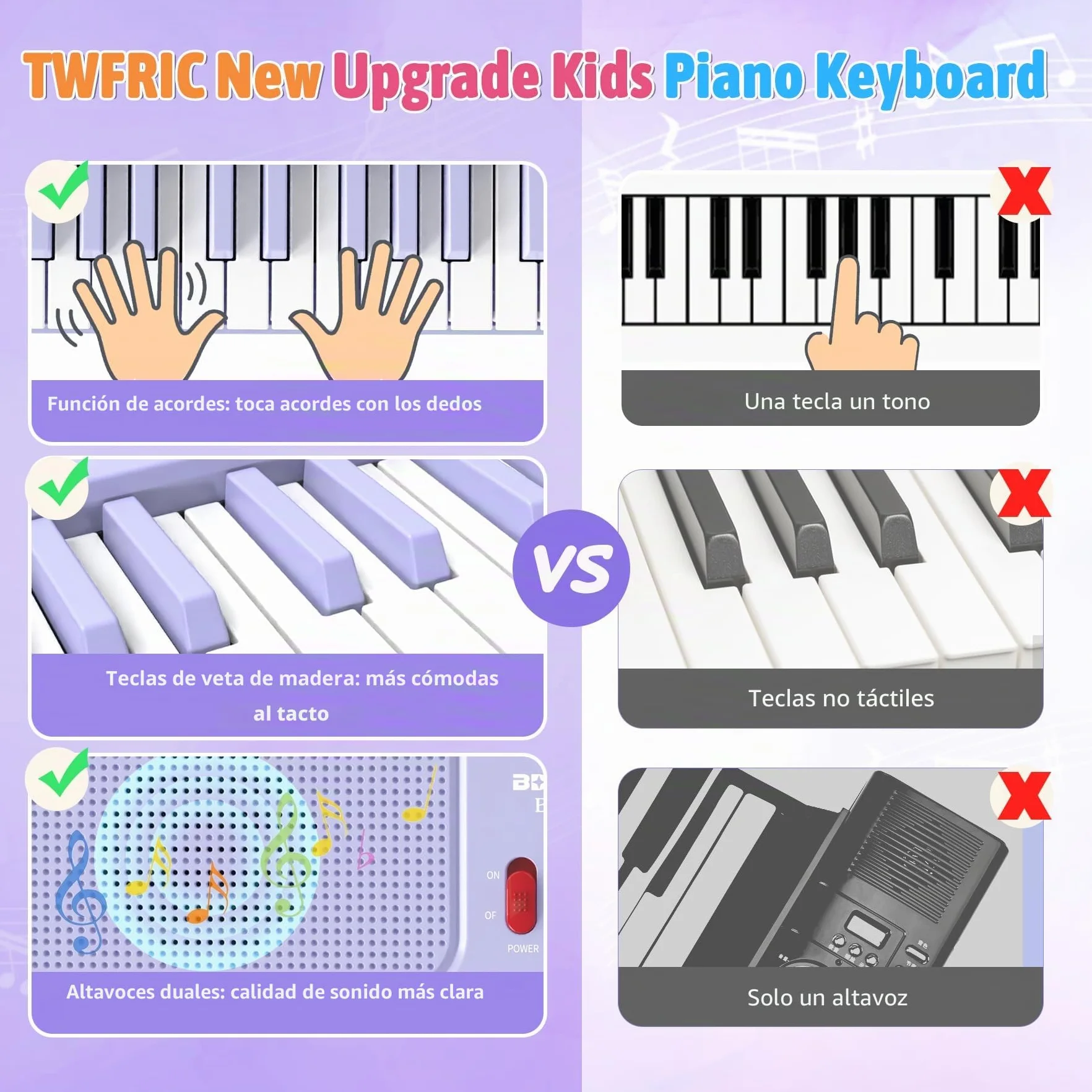Piano digital electrónico para niños con teclas iluminadas, portátil, de 61 teclas, juguete musical educativo para principiantes con atril y micrófono. (Púrpura)