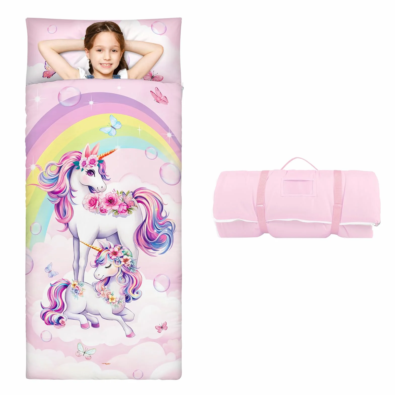 Tamaño Grande Saco de Dormir Infantil con Almohada Extraíble 170×75cm, Cálida Plegable Alfombrilla de Siesta para Niños y Niñas, Bolsa de Dormir con Cremallera para Camping Siesta
