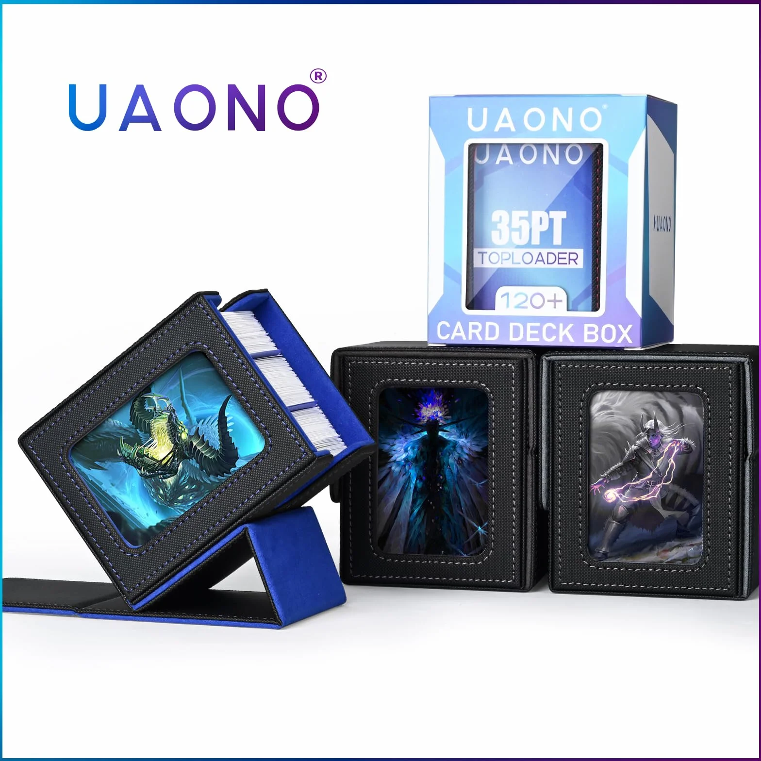 UAONO Caja de cartas con pantalla MTG Commander, funda para más de 100 tarjetas de doble manga, caja de almacenamiento de tarjetas coleccionables para TCG/PTCG/Sports con 2 divisores, 1 cargador