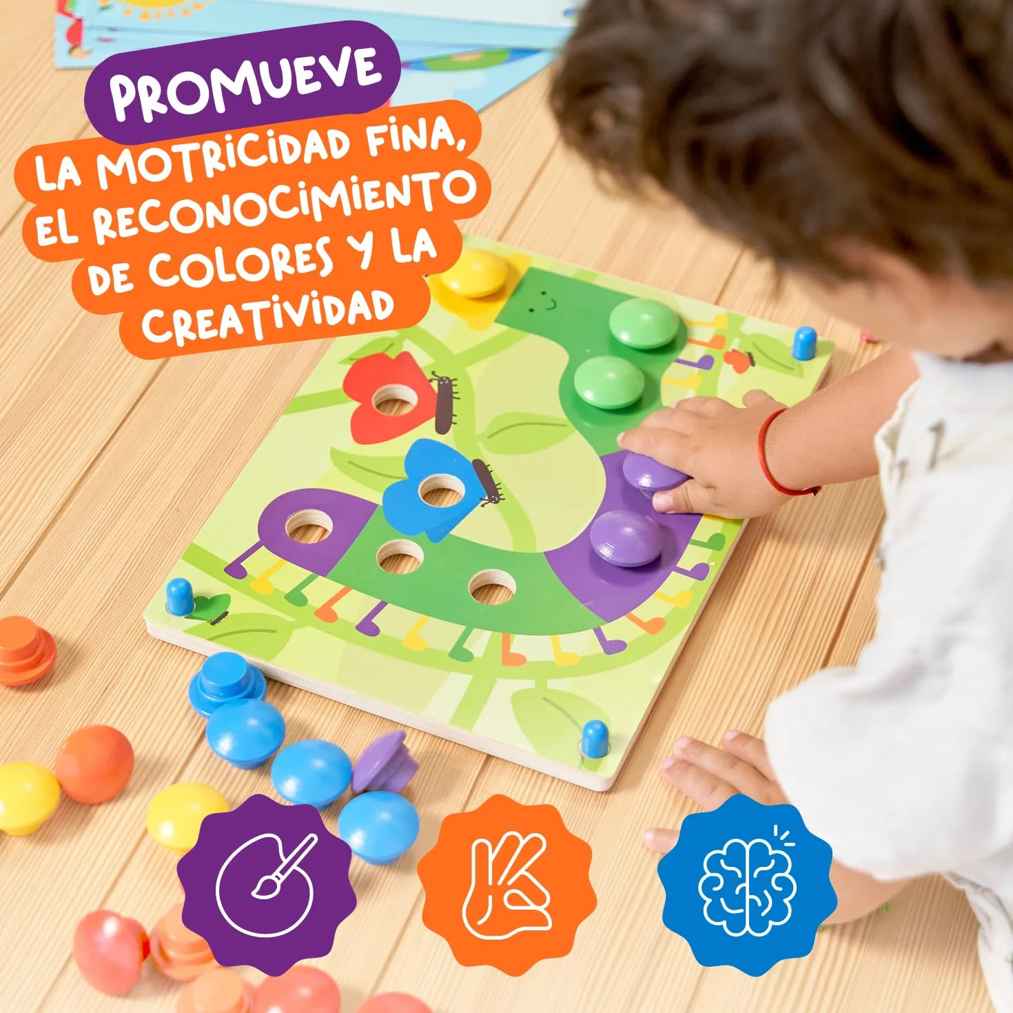 Nene Toys Puzzle de Madera para Niños 2+ Años – Juguete Montessori con Botones de Colores y Tarjetas – Mosaico Educativo Infantil para Motricidad Fina – Regalo Niño Niña 2 3 Años - Juego Didáctico