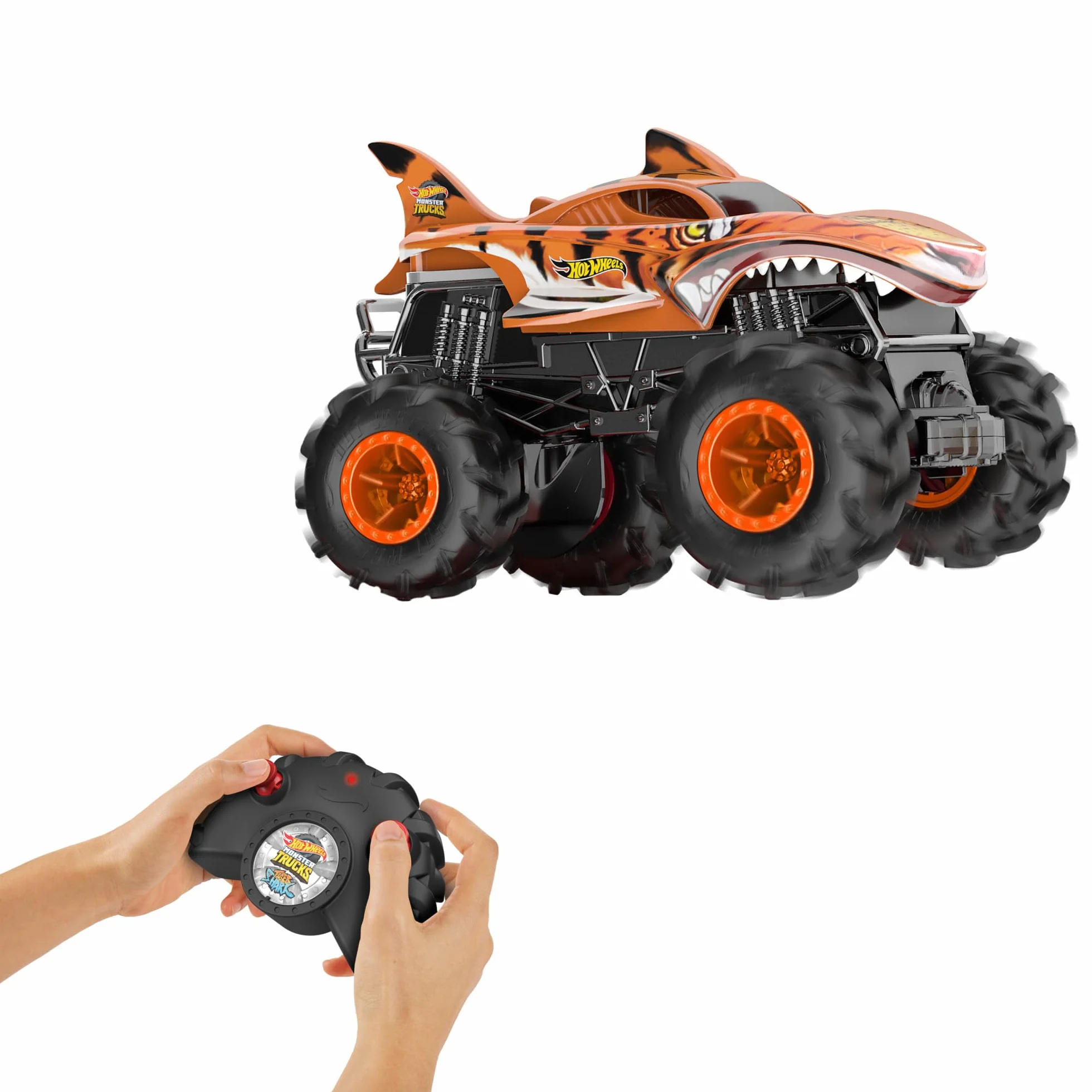 Hot Wheels Monster Trucks Coche Teledirigido, HW Tiger Shark RC, Coche de juguete todoterreno con mando radio control con alcance de 30 metros, escala 1:24, regalo para niños y niñas +4 años, HNV03