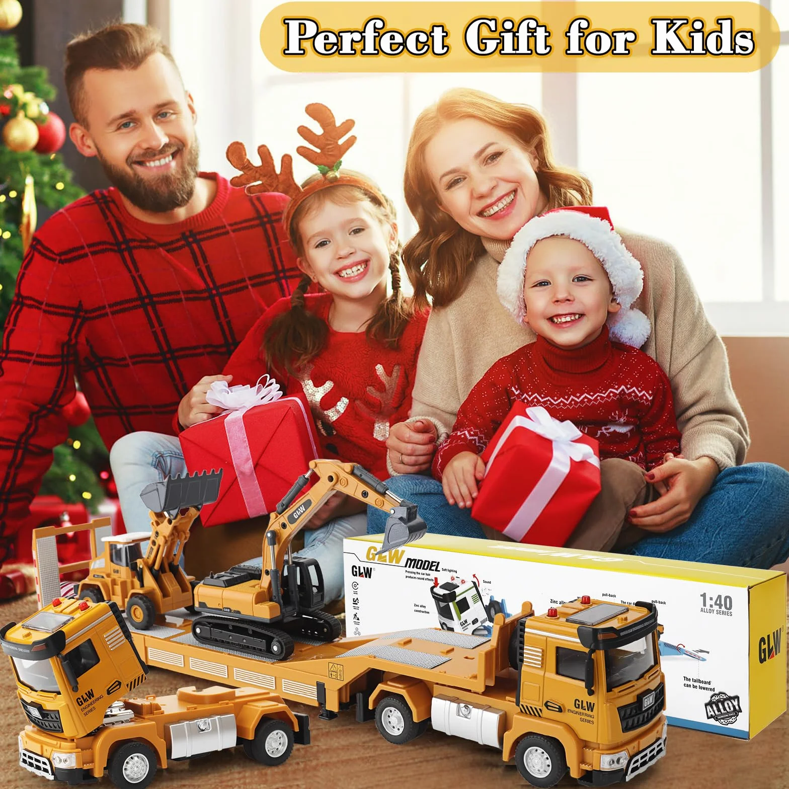 UCAMP Camion Transportador Coche de Juguete con Luces y Sonidos para Niños 3 4 5 6 7 Años, 1:40 Juguete Vehículos de Construcción con Excavadora Bulldozer, Juguetes Regalo de Cumpleaños Navidad