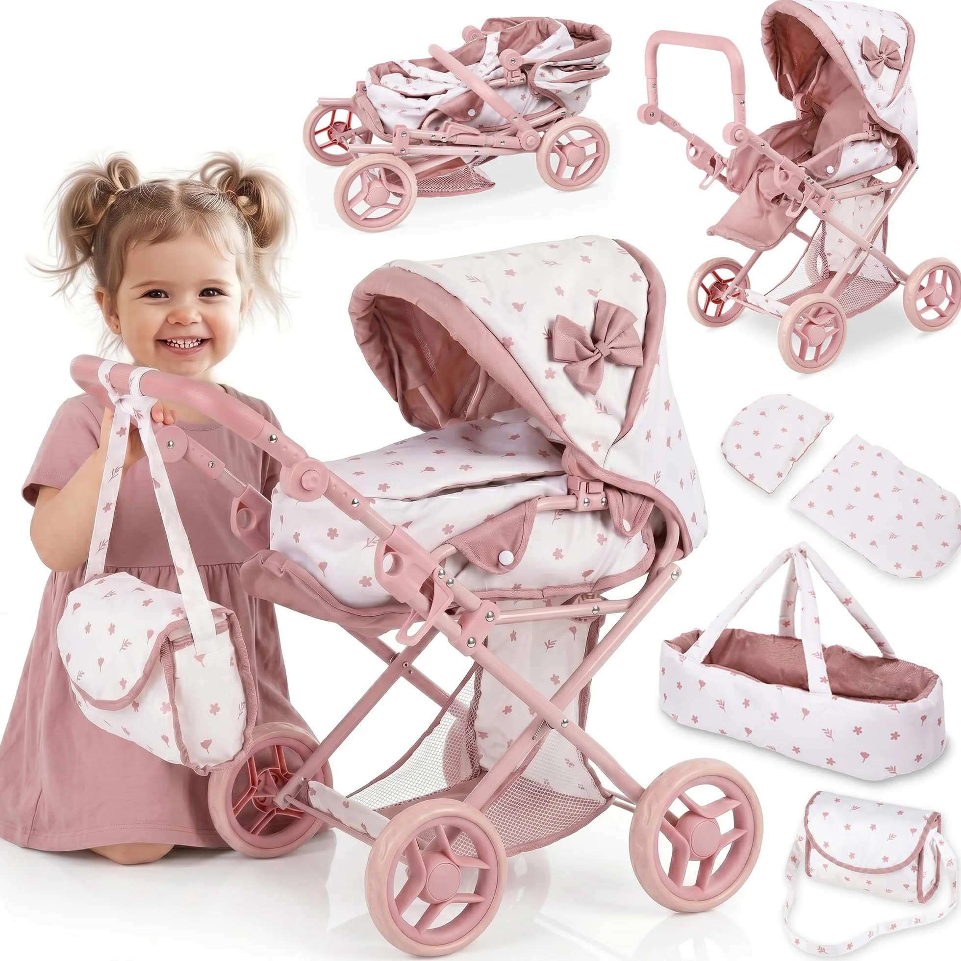 Kinderplay Cochecito de muñecas 3 en 1 Rosa con Bolsa de Transporte – Cochecito de muñeca Ajustable de 36,5 – 64 cm, Plegable, Ruedas de Espuma silenciosas, para muñecas de hasta 40 cm, a Partir de 3